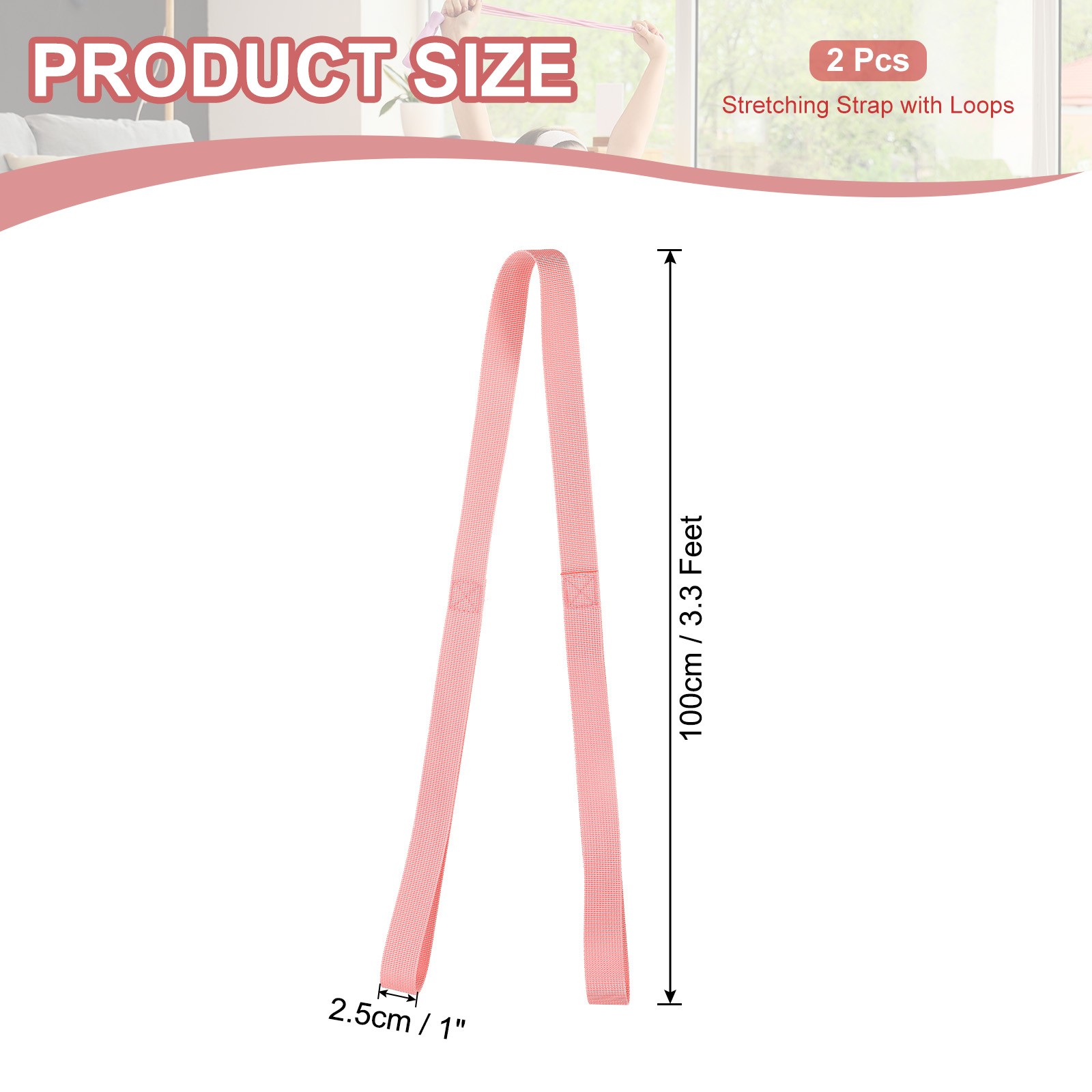 2 Pack 3.3ft Stretch Strap with Loops Cheerleading Stunt Yoga Strap, Pink
