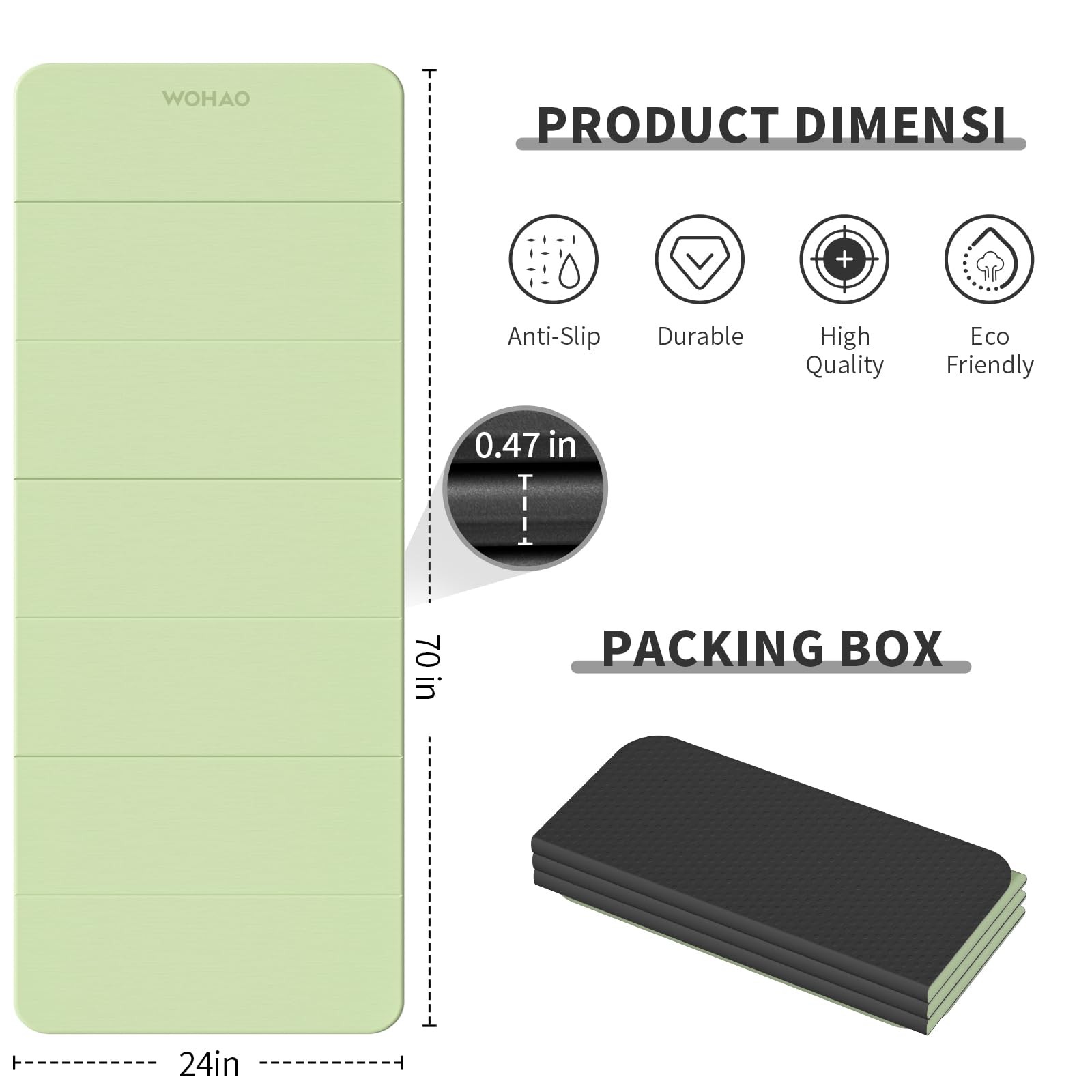 Foldable Yoga Mat 70&Prime;x24&Prime; – Thickened TPE Non-Slip Grass Green + Black