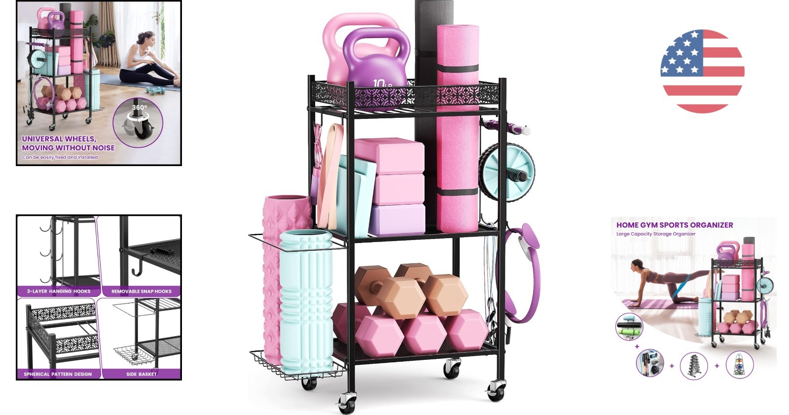 Efficient 3-Layer Home Gym Storage Rack with Wheels for Yoga & Fitness Equipment