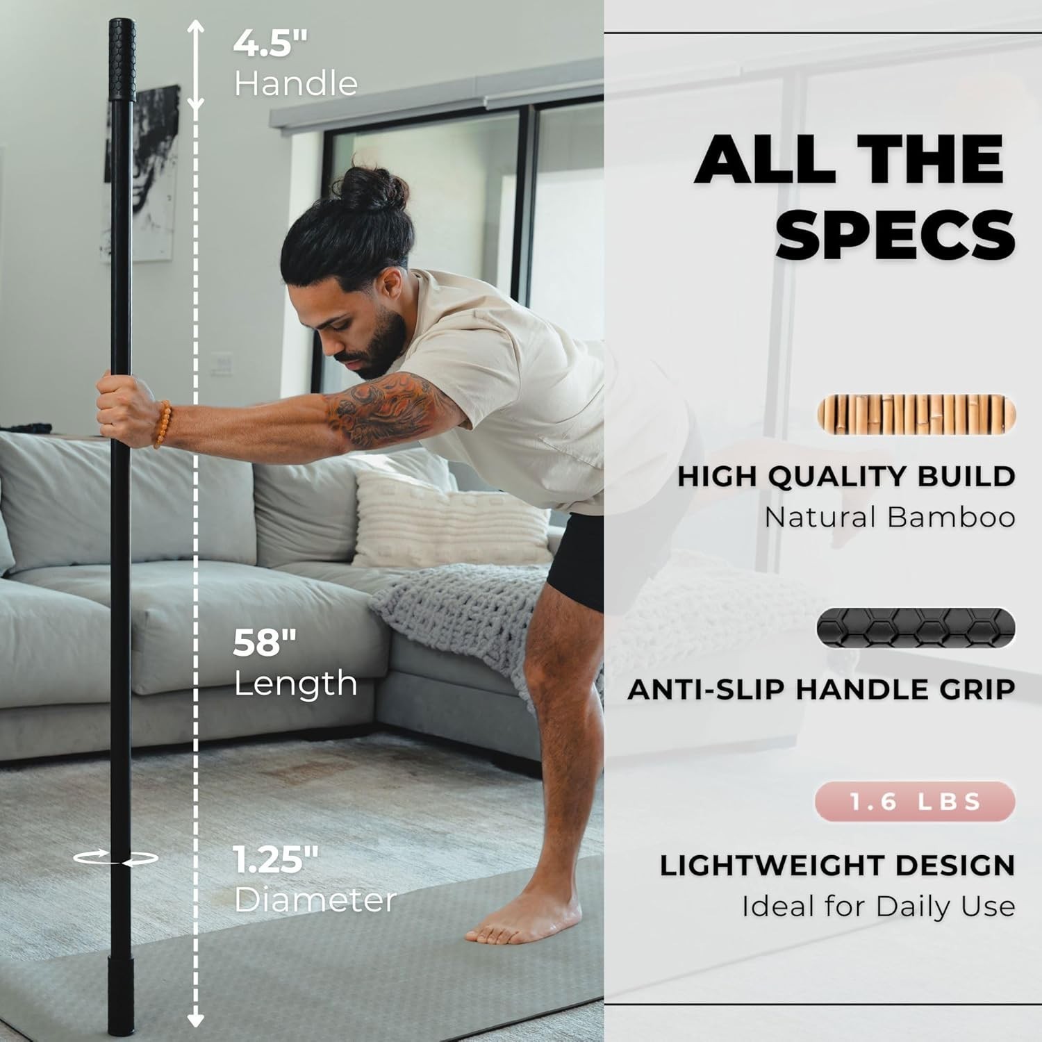 5ft Bamboo Stretching Stick with Non-Slip Handles – Enhance Balance & Posture