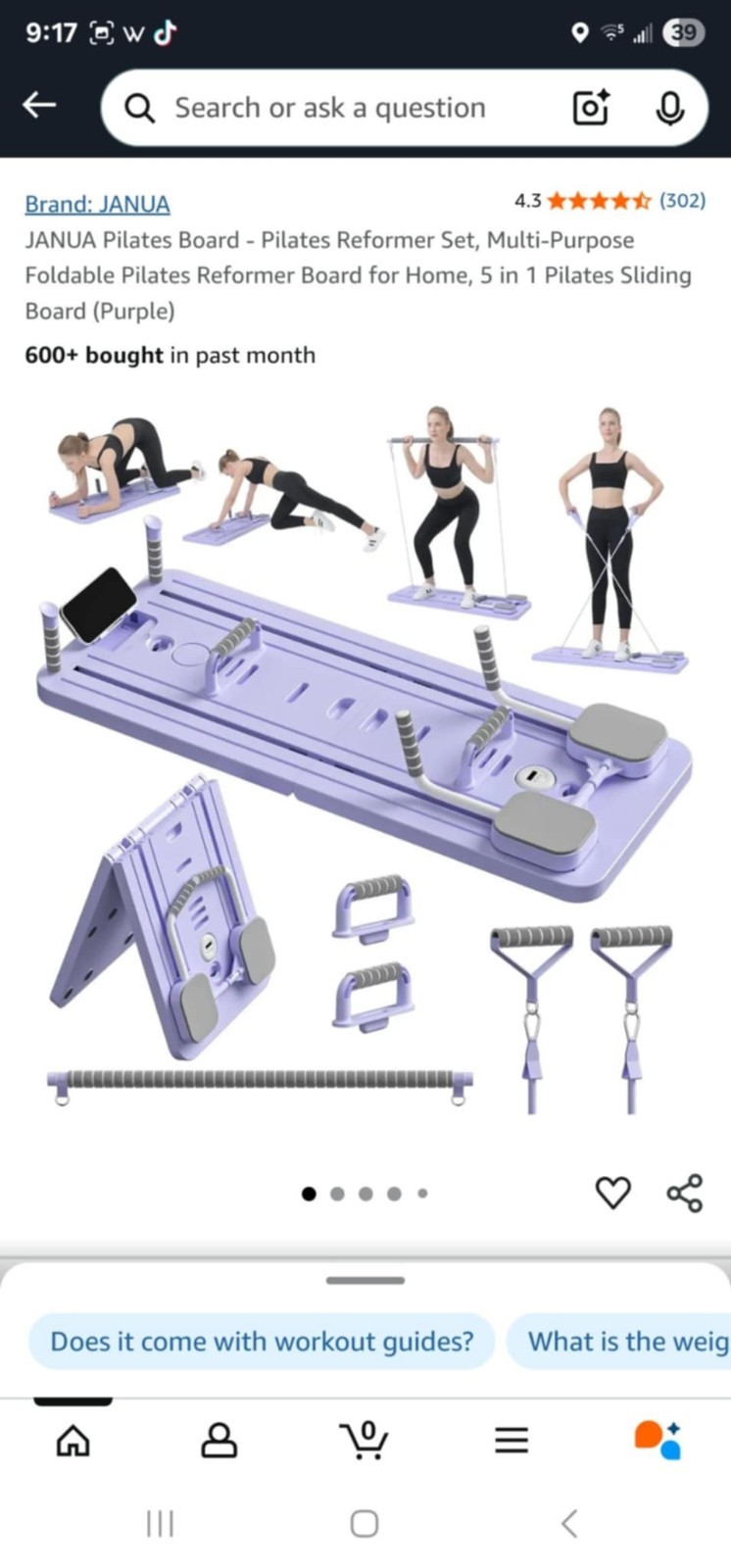 Pilates Board Reformer Set, 5 in 1 Multi-Purpose Foldable Pilates Board Purple.