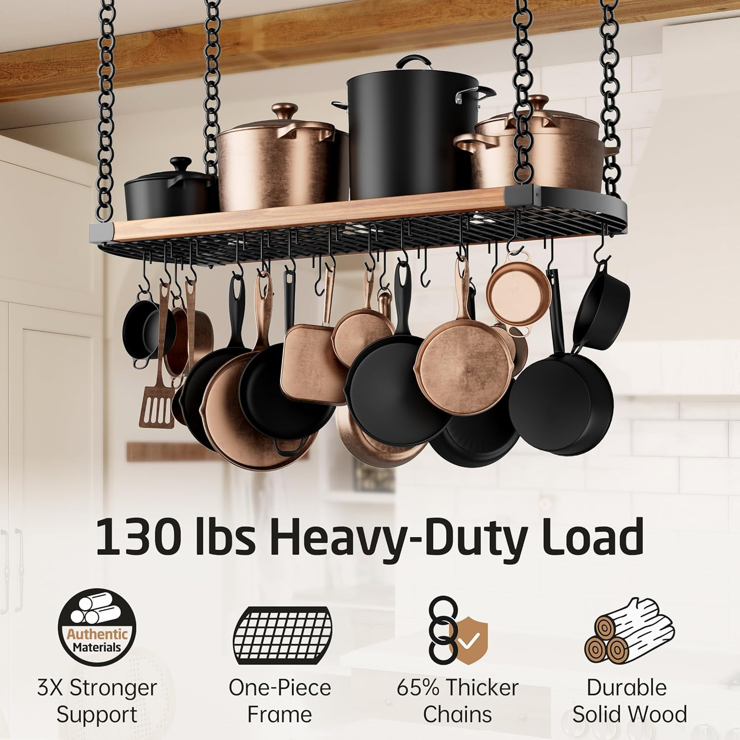 48 Inch Large Hanging Pot Rack Ceiling Mount with 130Lb High-Capacity, Ceiling P