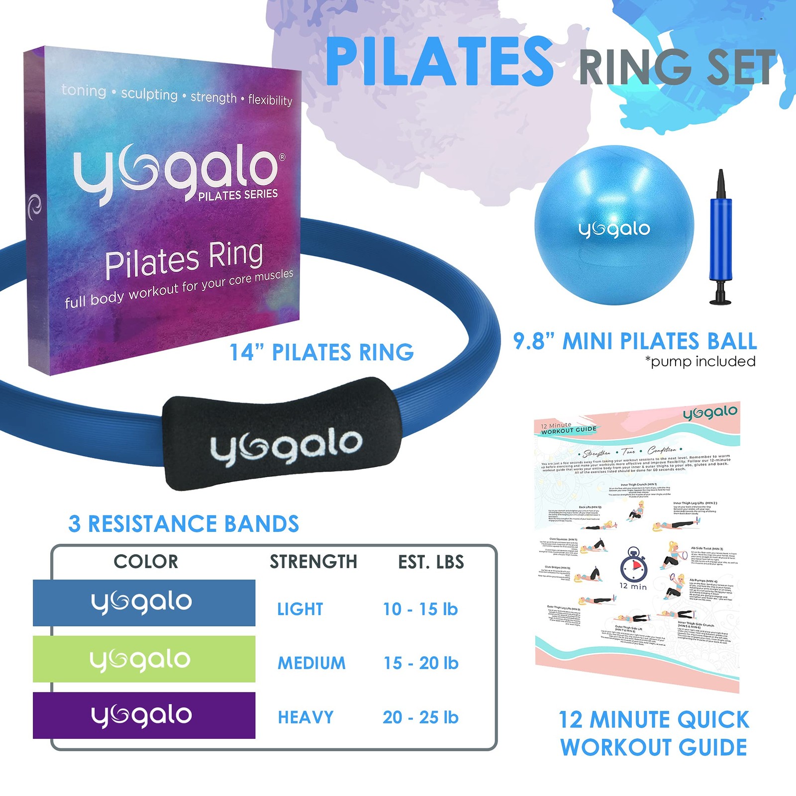 Y O Gayo Pilates Ring and Ball Set with 3 Resistance Bands – Pilates Equipmen…