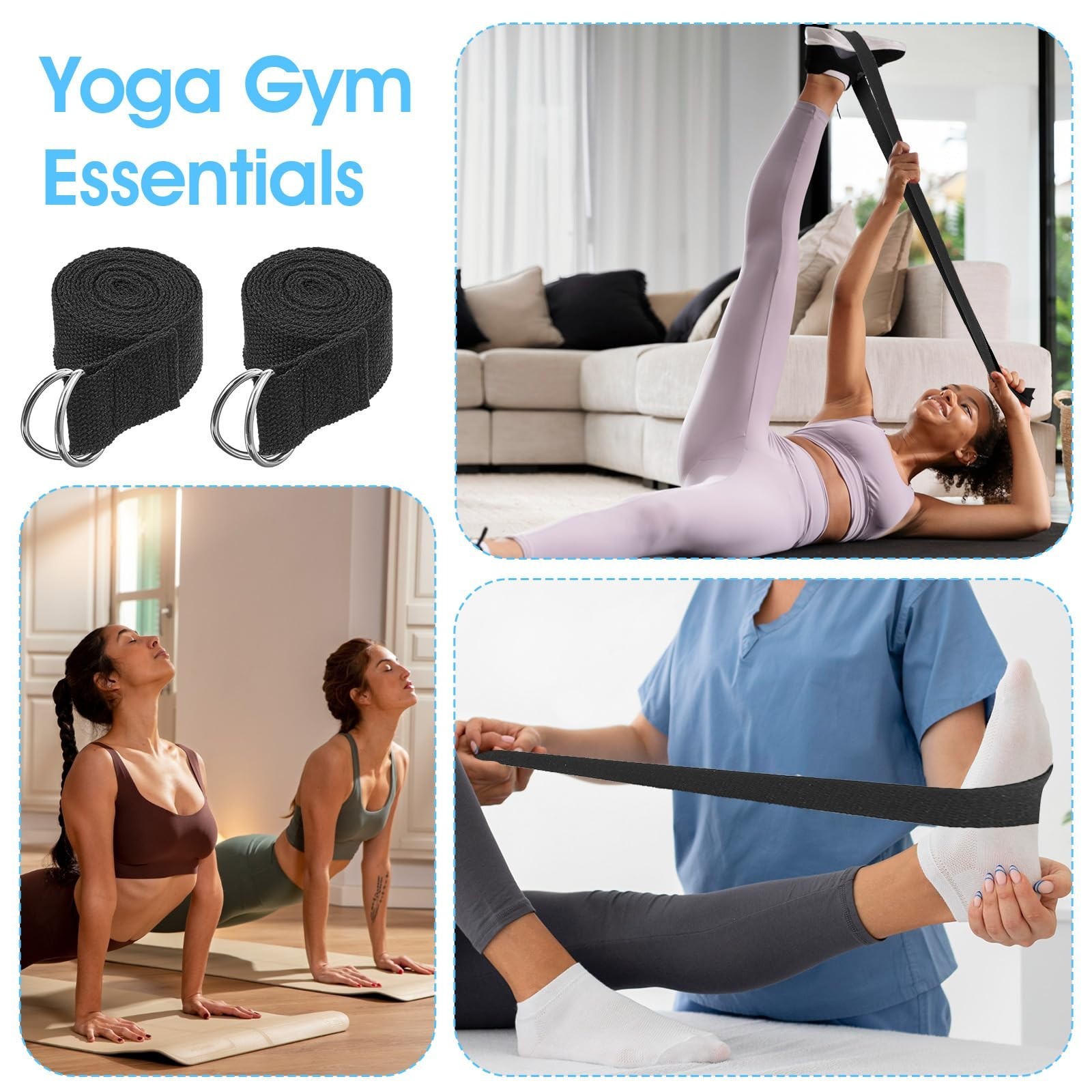 16 Pcs 6ft Yoga Straps for Stretching – Adjustable Pilates Bands with Metal D-Ri
