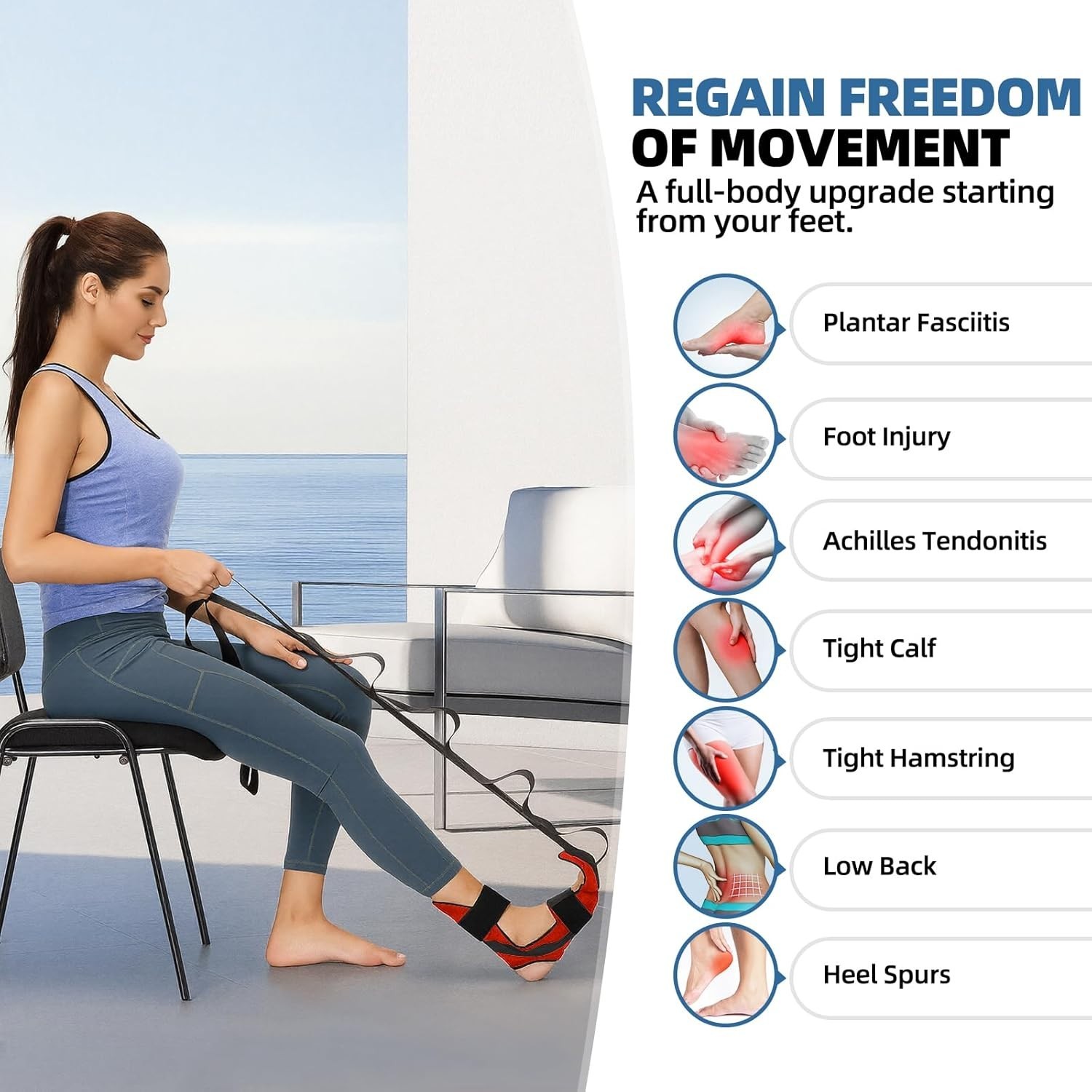 Red Foot & Calf Stretcher Strap for Plantar Fasciitis, Heel Spurs, Adults