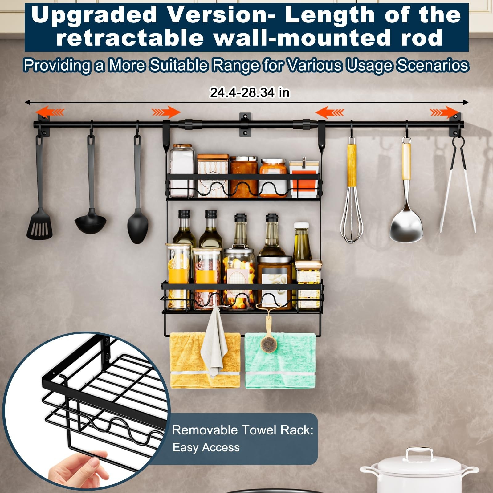 Spice Rack Wall Mount Retractable Bracket with Towel Bar Hooks | Reinforced W…