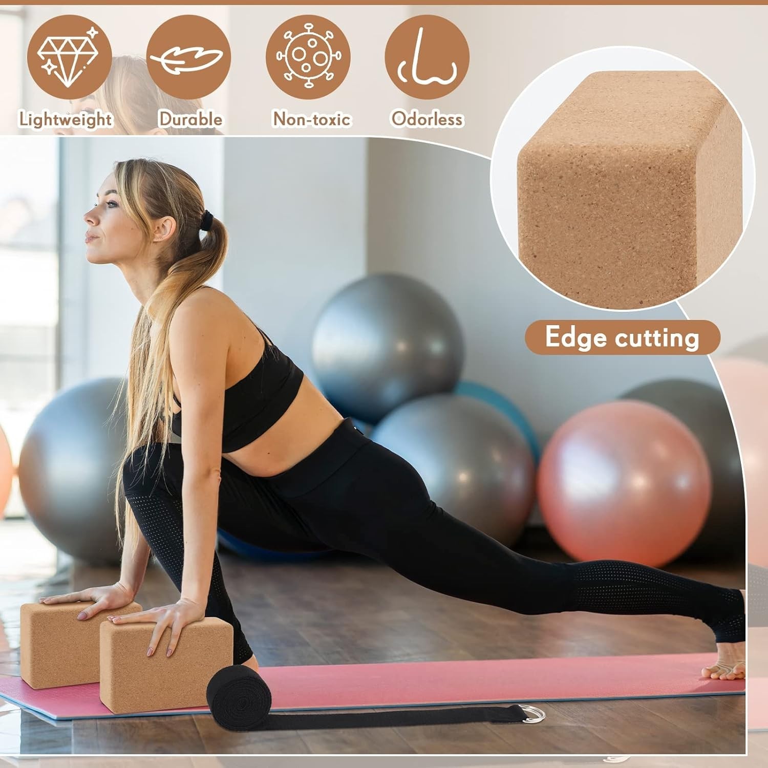 2 Pack Cork Yoga Block with Strap and 5 Pcs Resistance Bands Exercise Bands 9