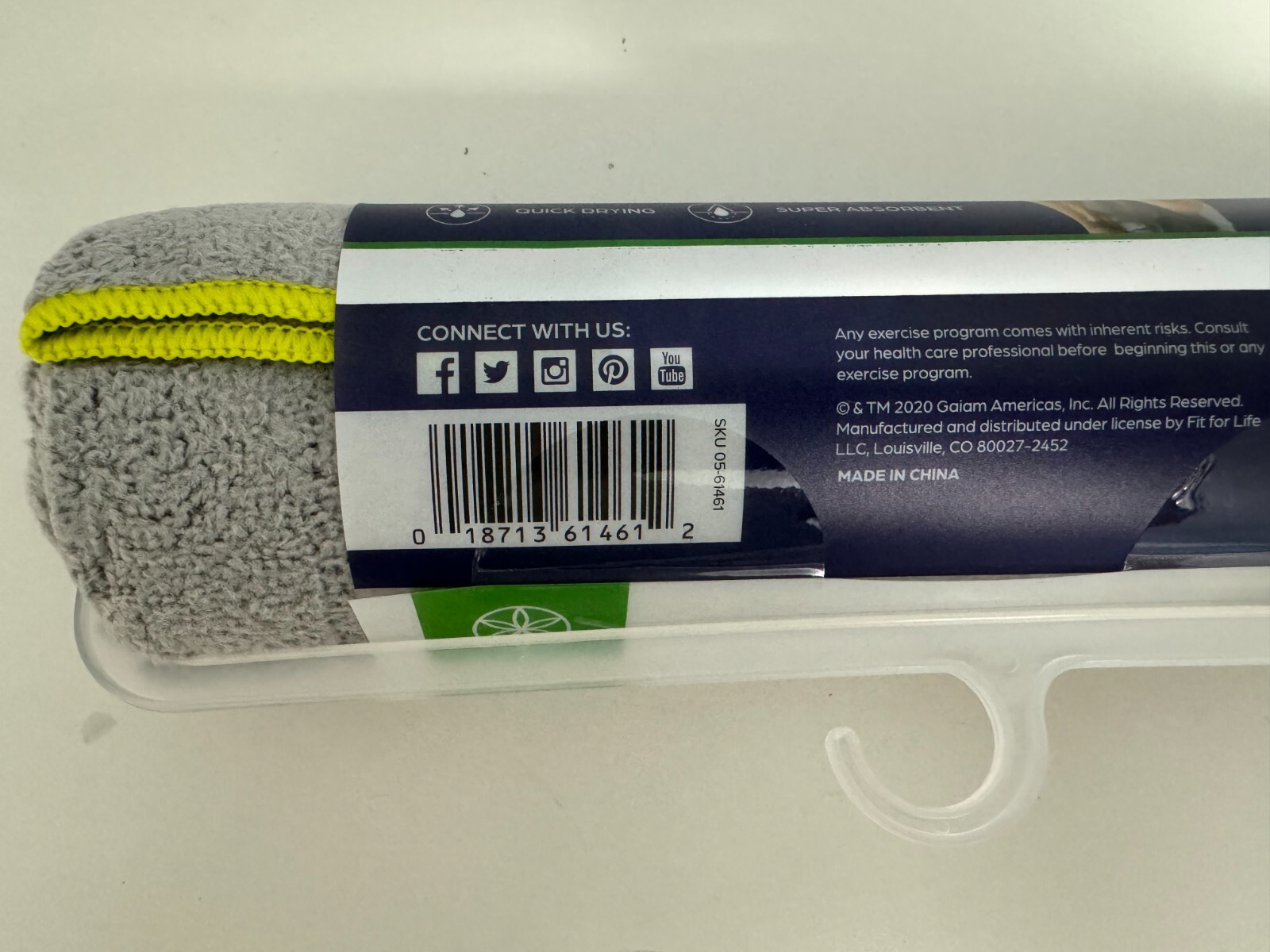 Gaiam Yoga Hand Towel-Gray-20&Prime;W x 30&Prime;L-Quick Drying, Super Absorbent-NEW