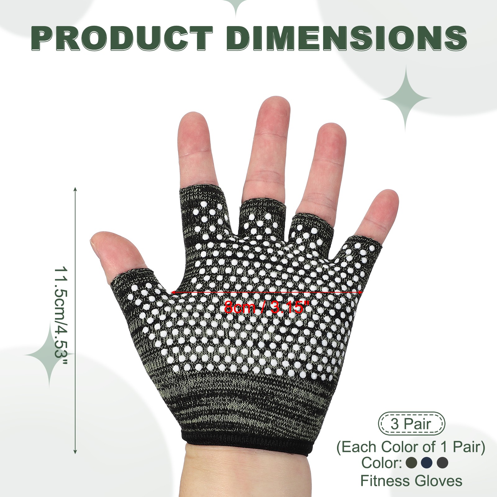 3Pairs Yoga Gloves, Non Slip Fingerless Pilates Gloves, Black Grey/Green/Cyan