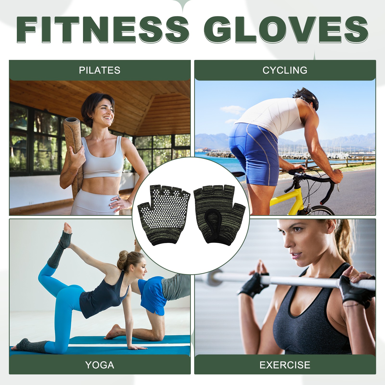 3Pairs Yoga Gloves, Non Slip Fingerless Pilates Gloves, Black Grey/Green/Cyan