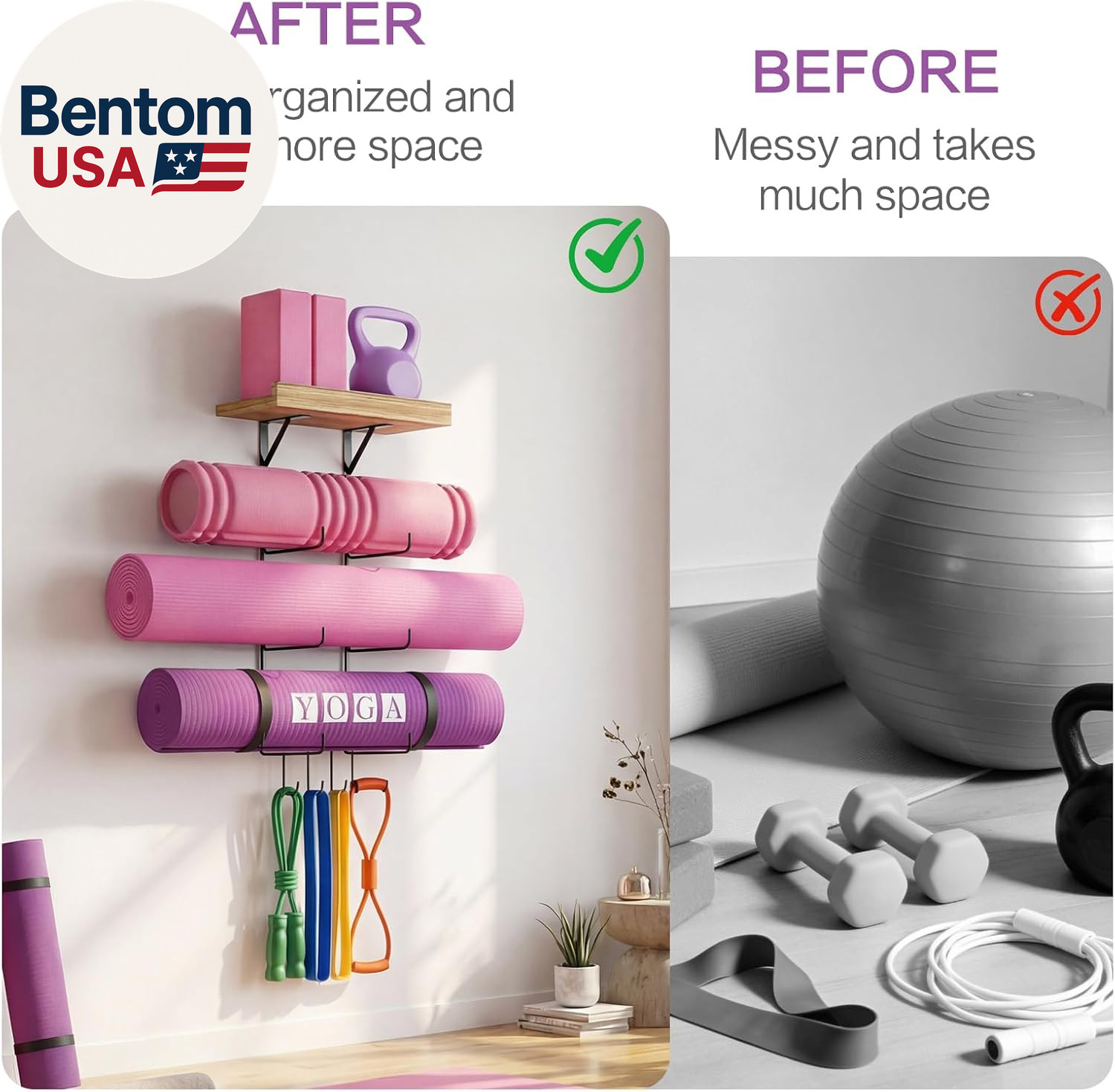 Yoga Mat Holder Wall Mount Yoga Mat Storage Home Gym Accessories with Wood Float
