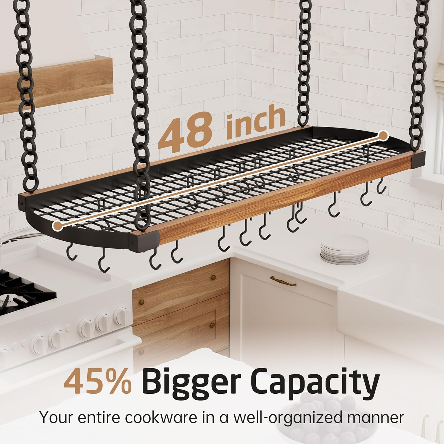 48&Prime; Heavy-Duty Ceiling Pot Rack with 20 Hooks, Matte Black, 130lb Capacity