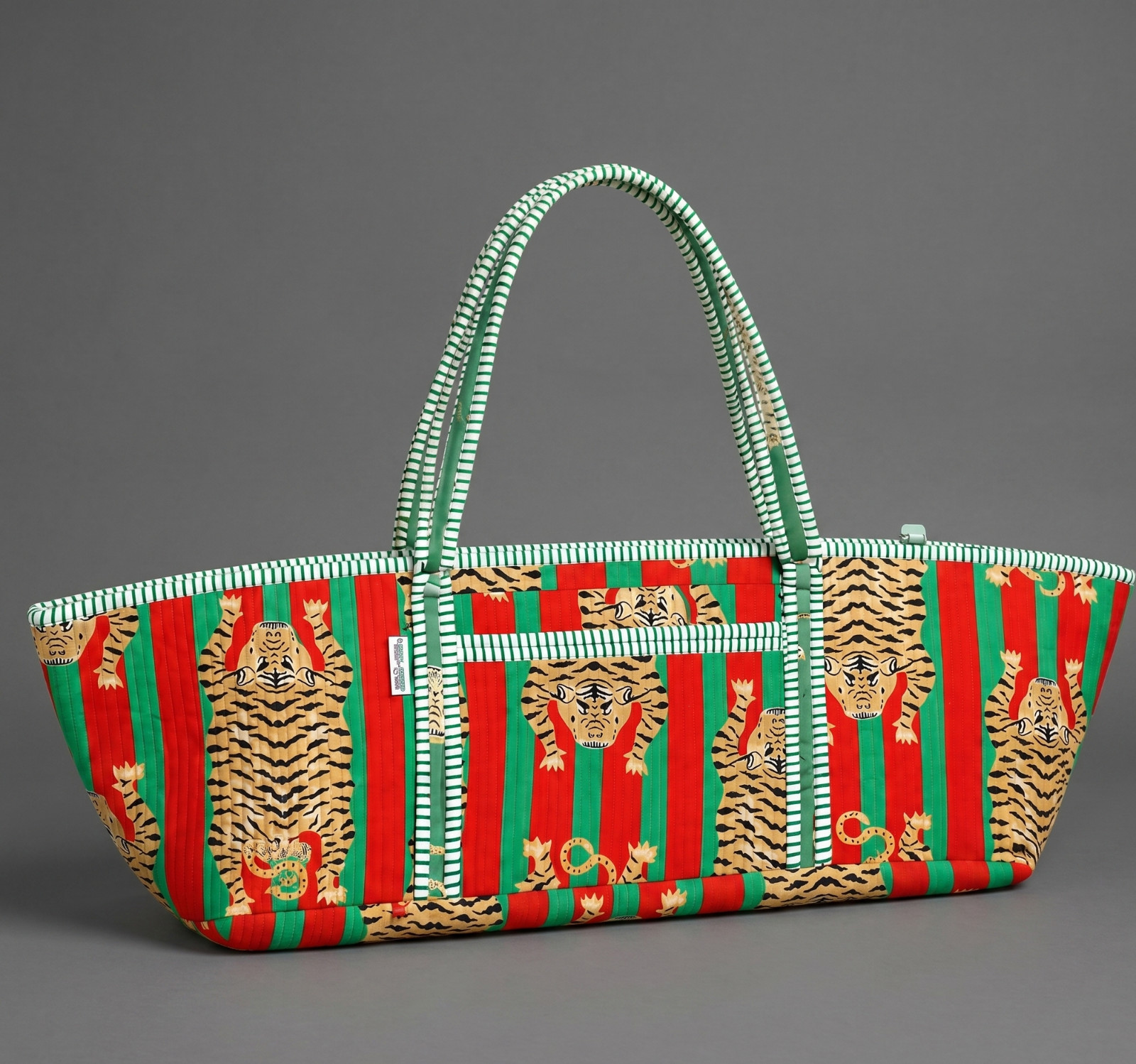 Red Quilted Tiger Print Yoga Mat Bag: Indian Handmade 100% Cotton Tote Bag US