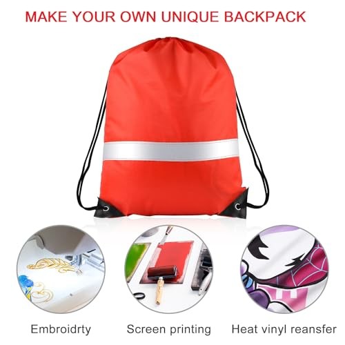 Pcs Drawstring Backpacks with Reflective Strips – Polyester, 15.7&Prime; x 12 Red