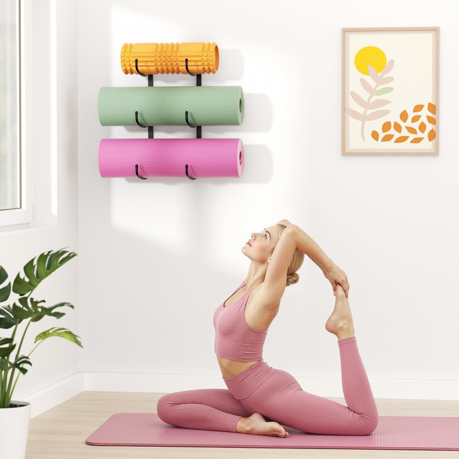 Yoga Mat Holder Wall Mount, 3-Tier Storage Rack for Yoga Mat, Foam Roller, Bl…