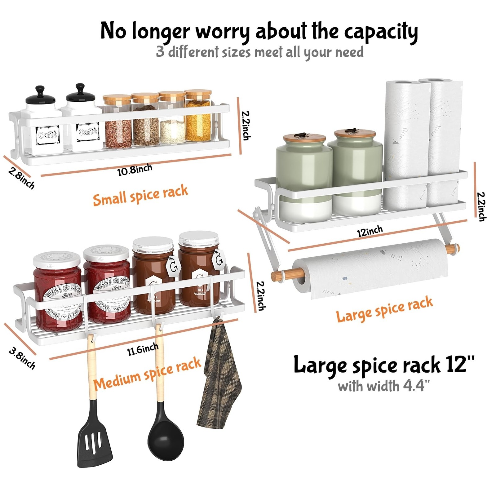 3 Pack Spice Rack Wall Mount With Paper Towel Holder and Hooks, Screw or Adhe…