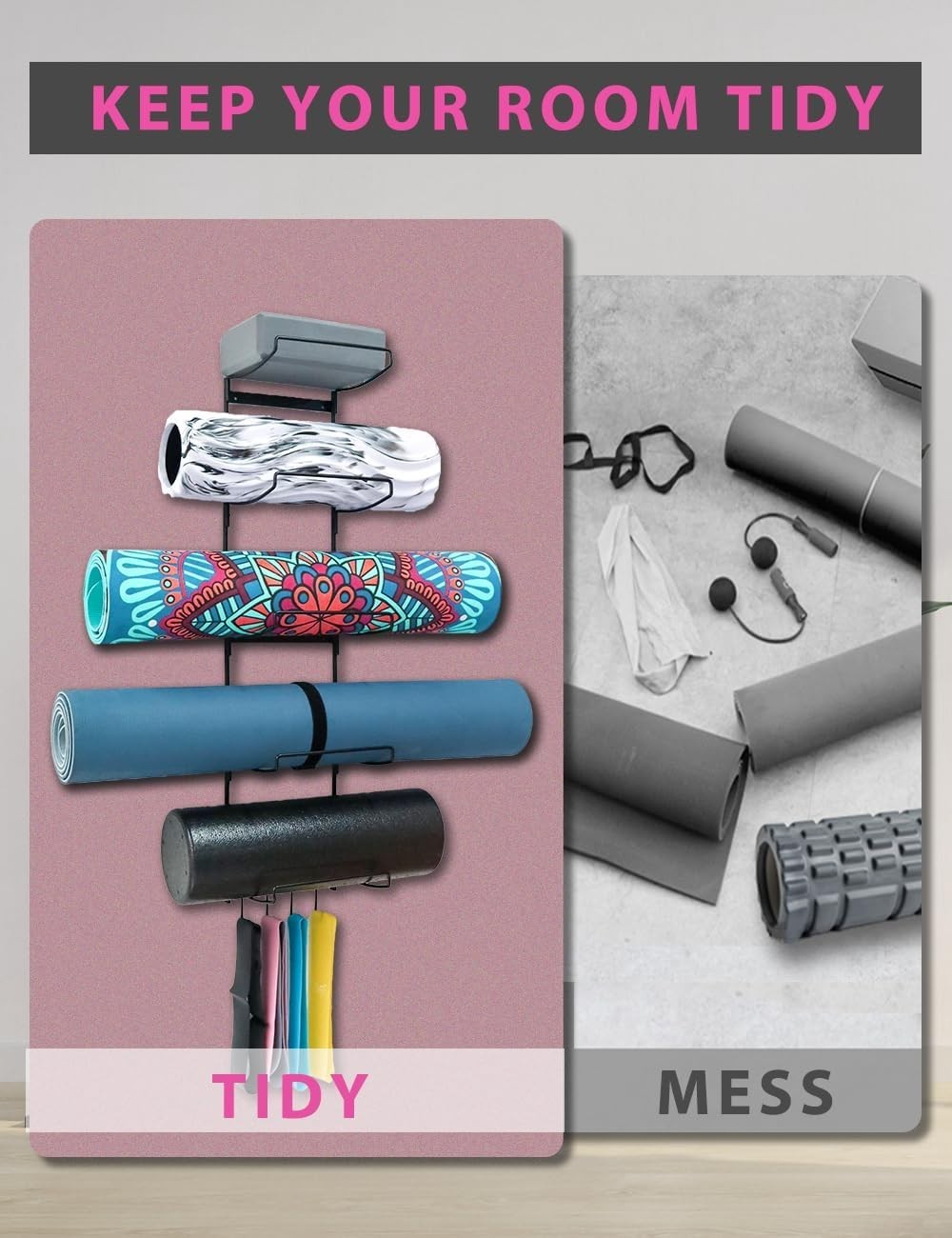 Yoga Mat Storage Rack with 3 Hooks for Accessories