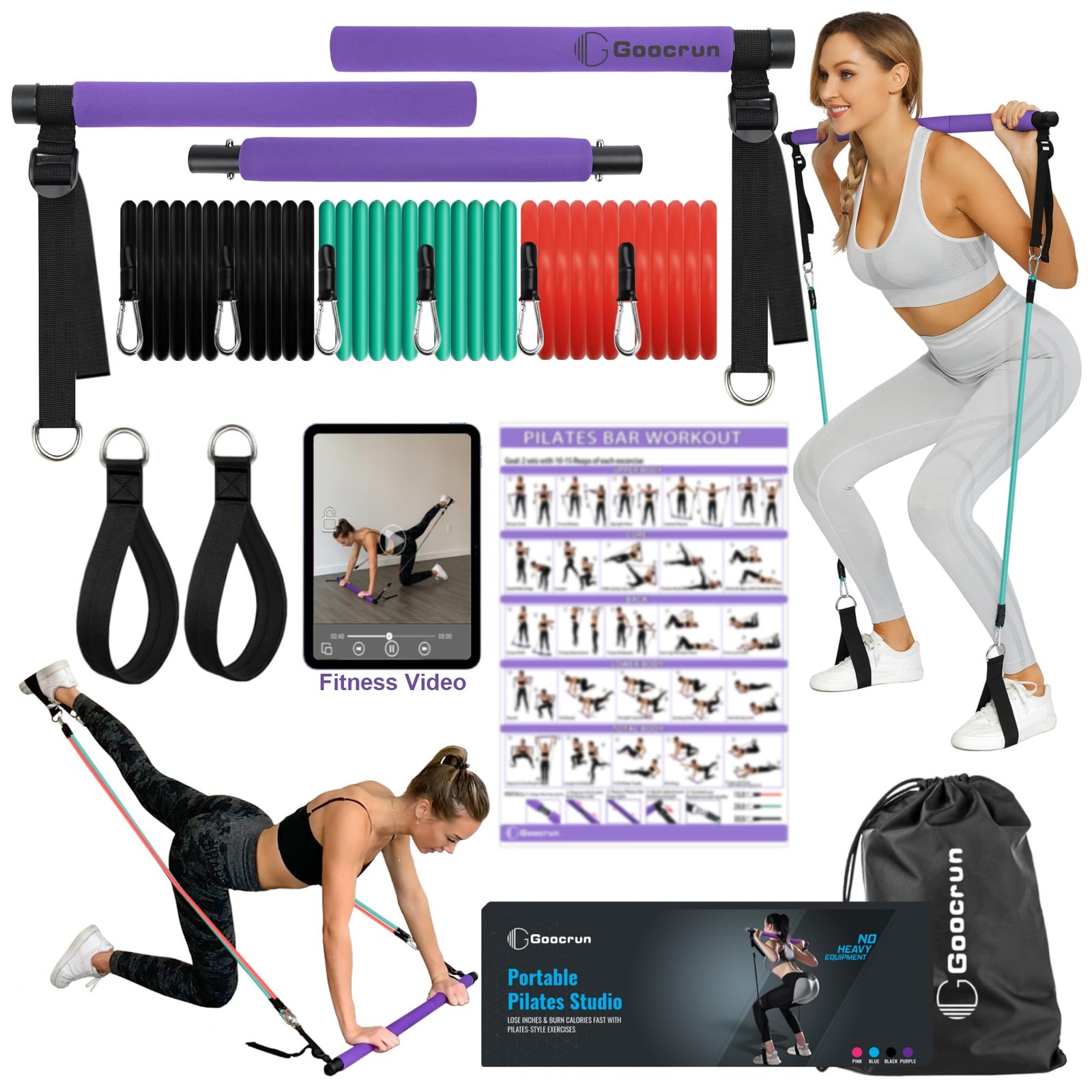 Goocrun Portable Pilates Bar Kit with Basic-Level, 15.20.30 LBS – Purple
