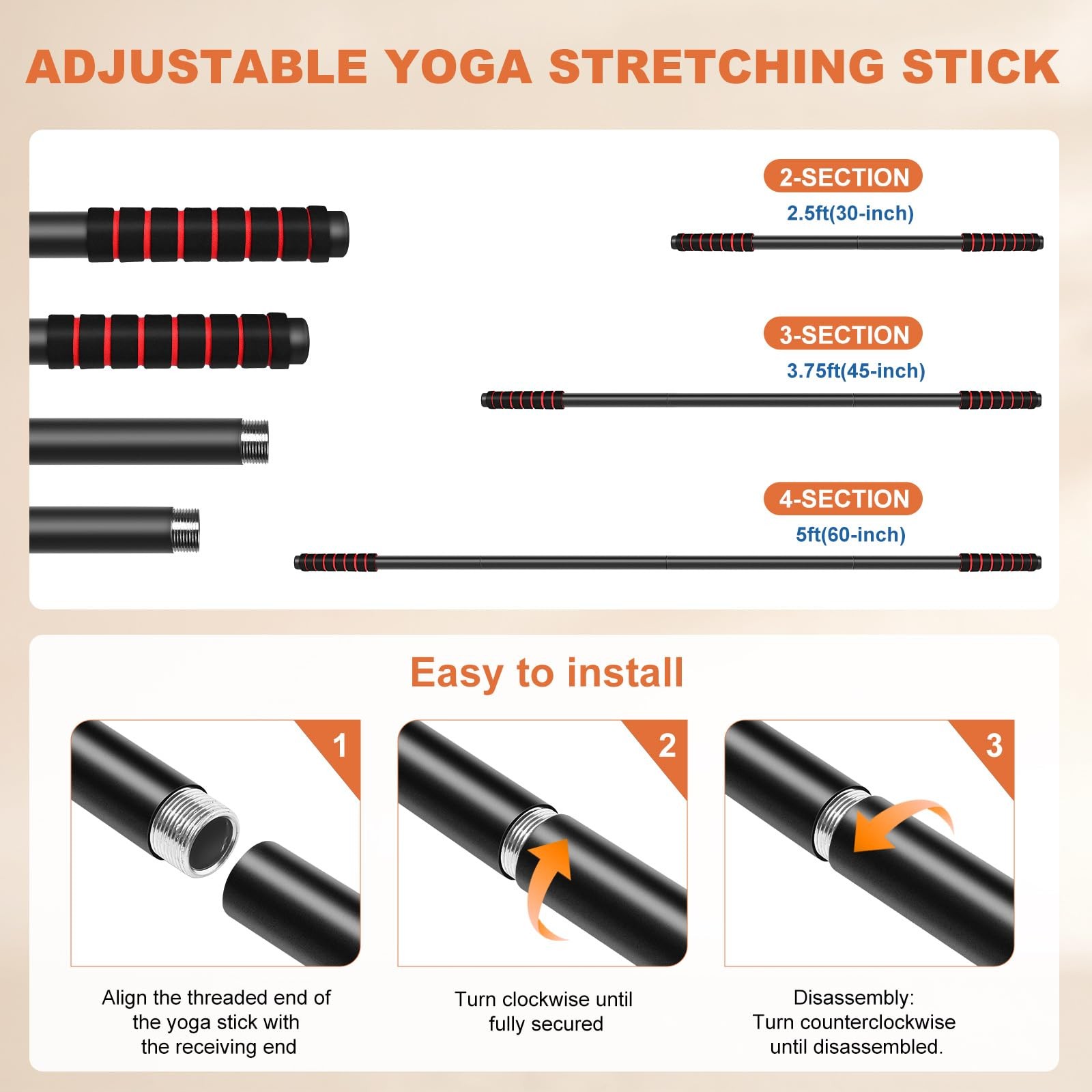 RACOC Yoga Stick Sturdy Steel, 5 Ft Adjustable Stretching Stick for Mobility,…