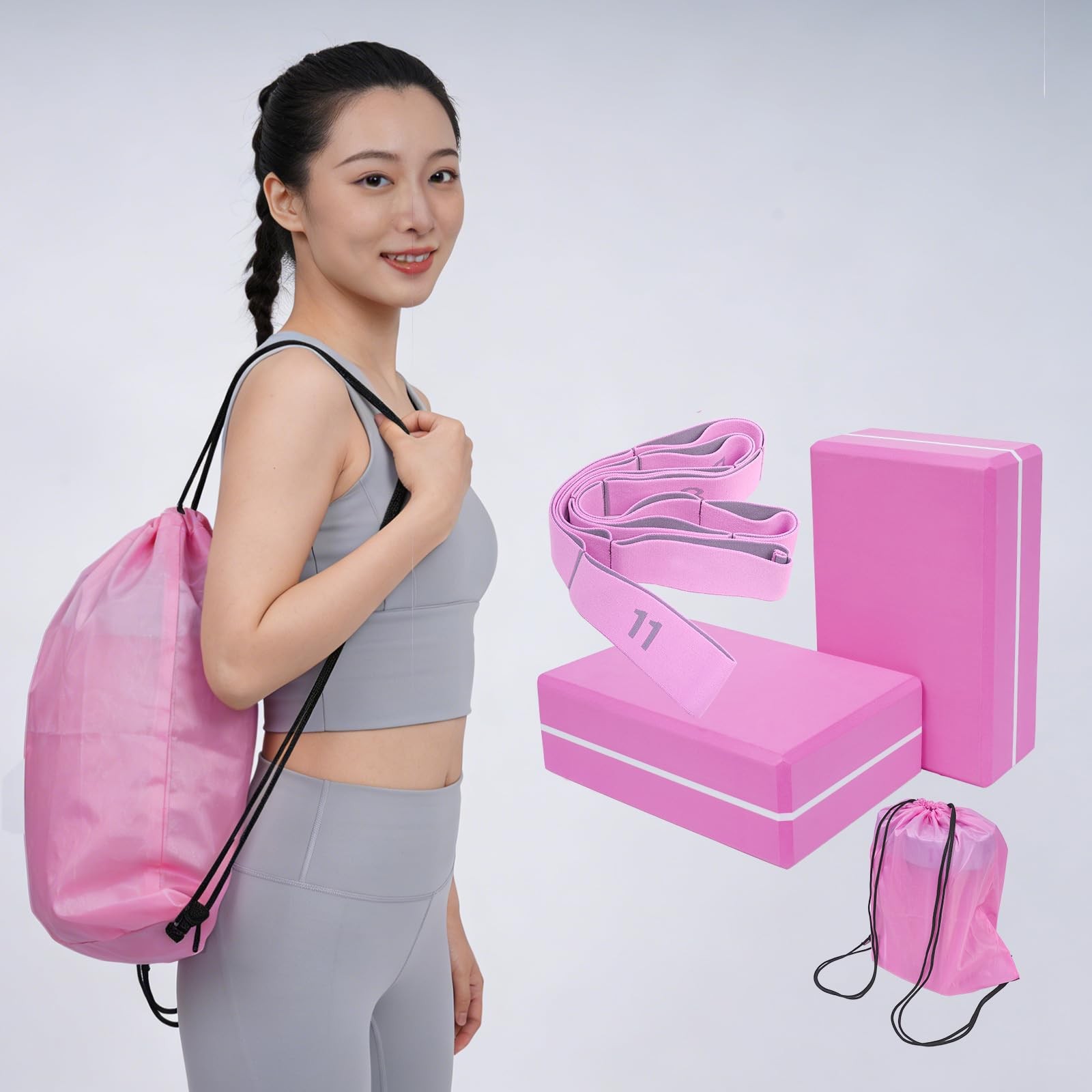 Yoga Blocks 2 Pack with Stretch Strap & Bag – High Density EVA Foam Yoga Bloc…