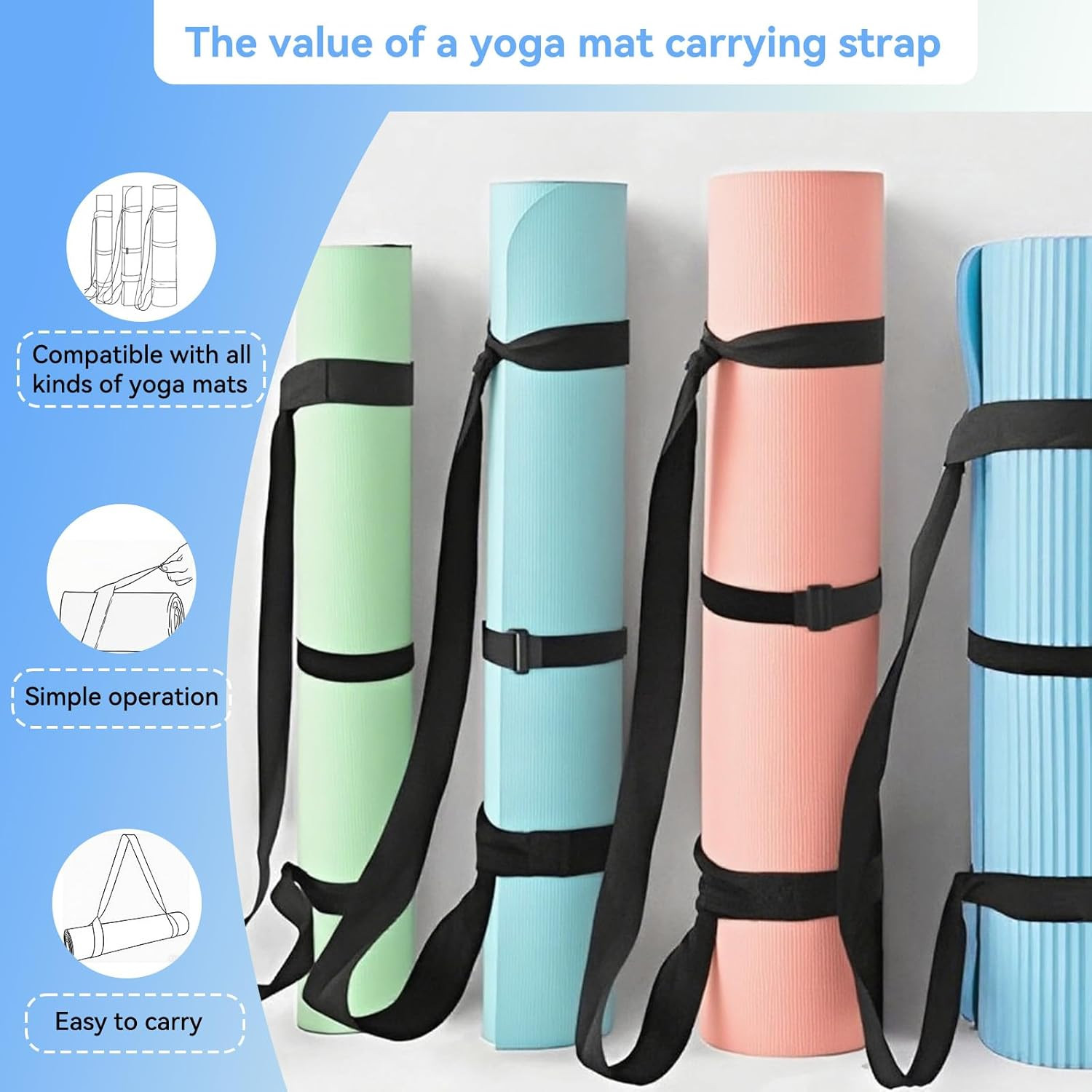 Adjustable Yoga Mat Strap Carrier, Thick Wide Yoga Mat Holder with Hook-And-Loop