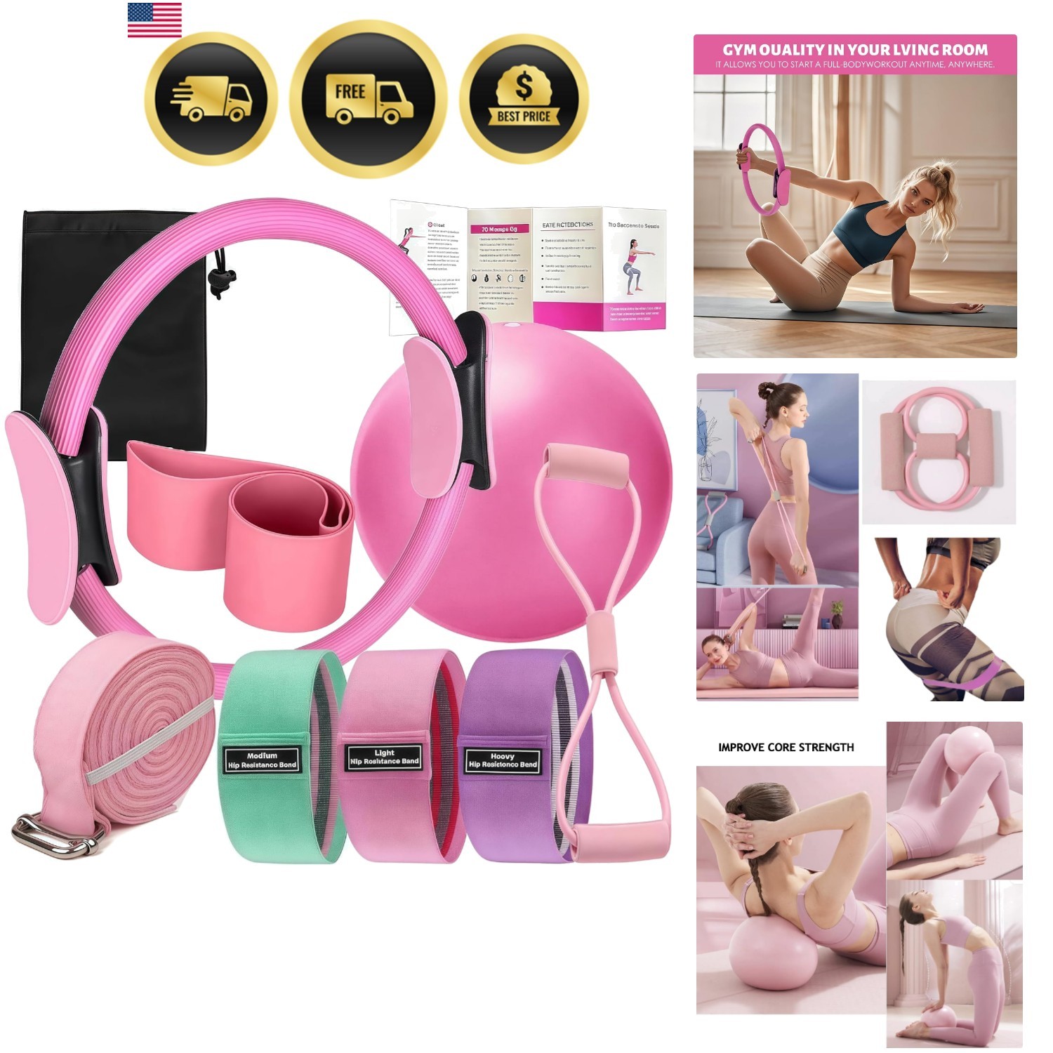 Pilates Set Home Equipment Fitness Kit with Ring Ball Resistance Bands