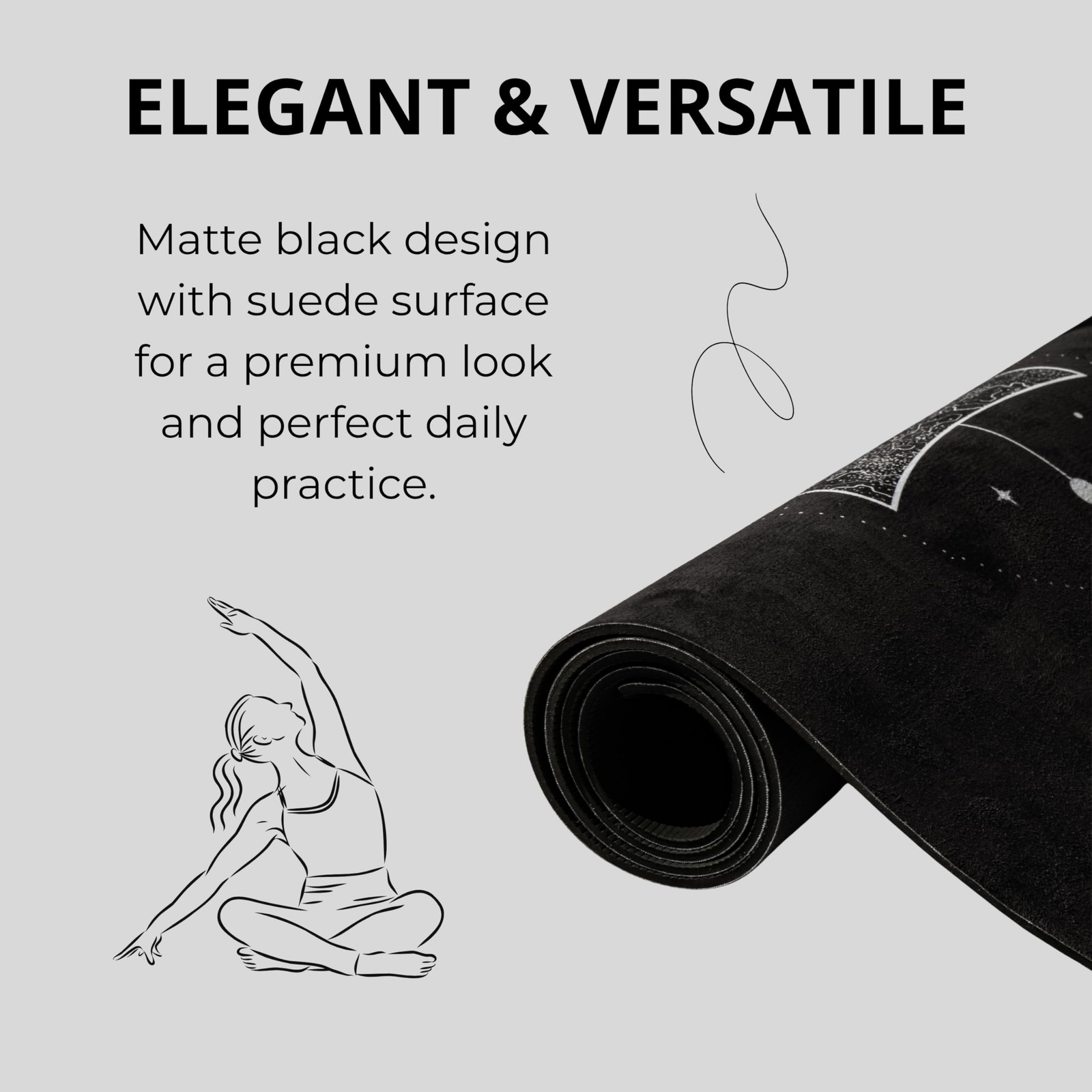 Yoga Mat With Strap 5mm Non Slip Suede & TPE – Moon Black Eco-Friendly Fitnes…