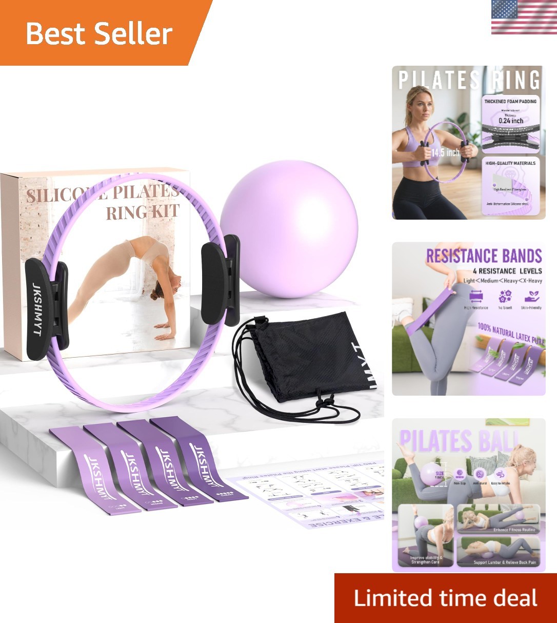 Ultimate 14.5&Prime; Pilates Essentials Kit with Resistance Bands & Bag – Purple