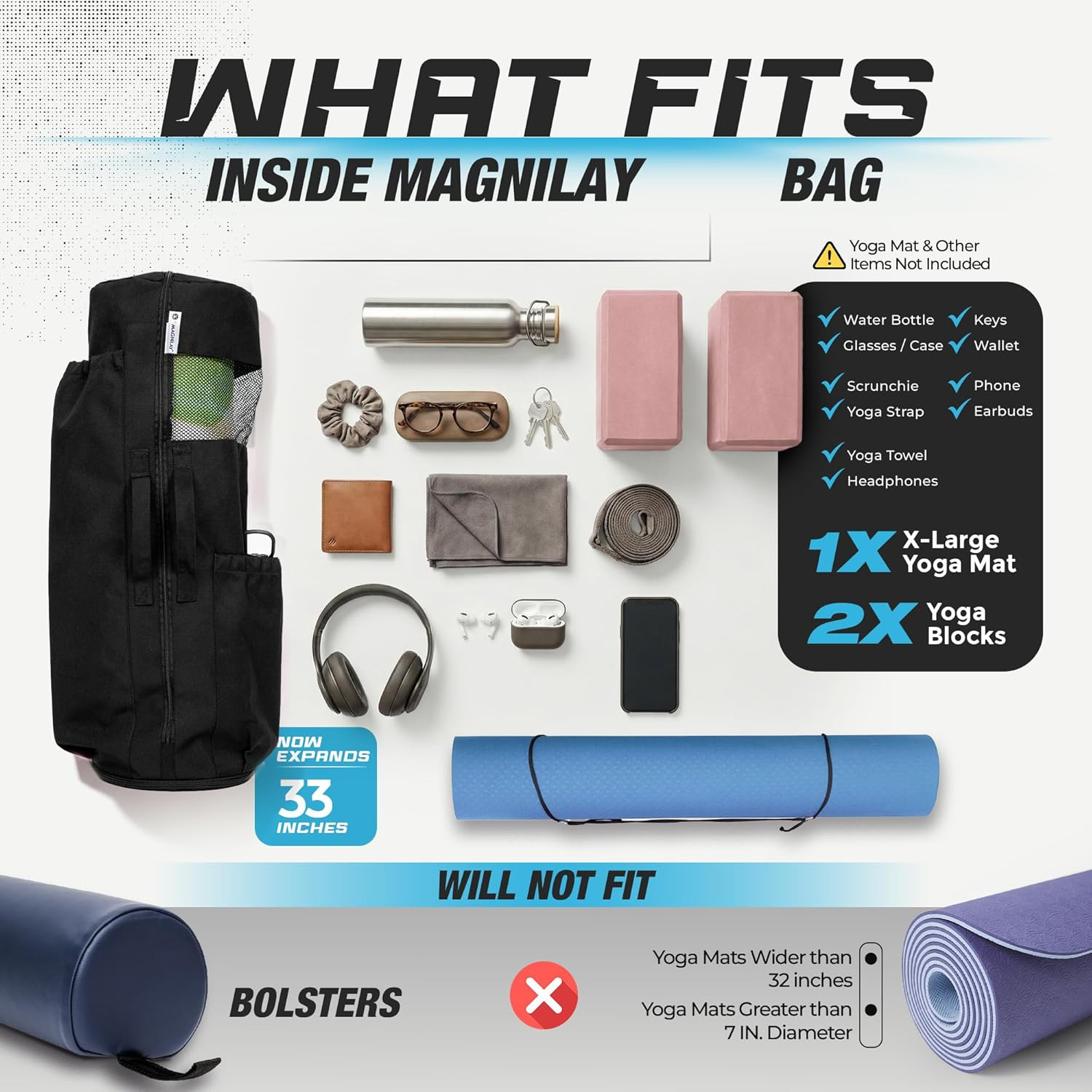 MAGNILAY Yoga Mat Bag – for Women and Men, Yoga Mat Carrier, Fits Mats Blocks an