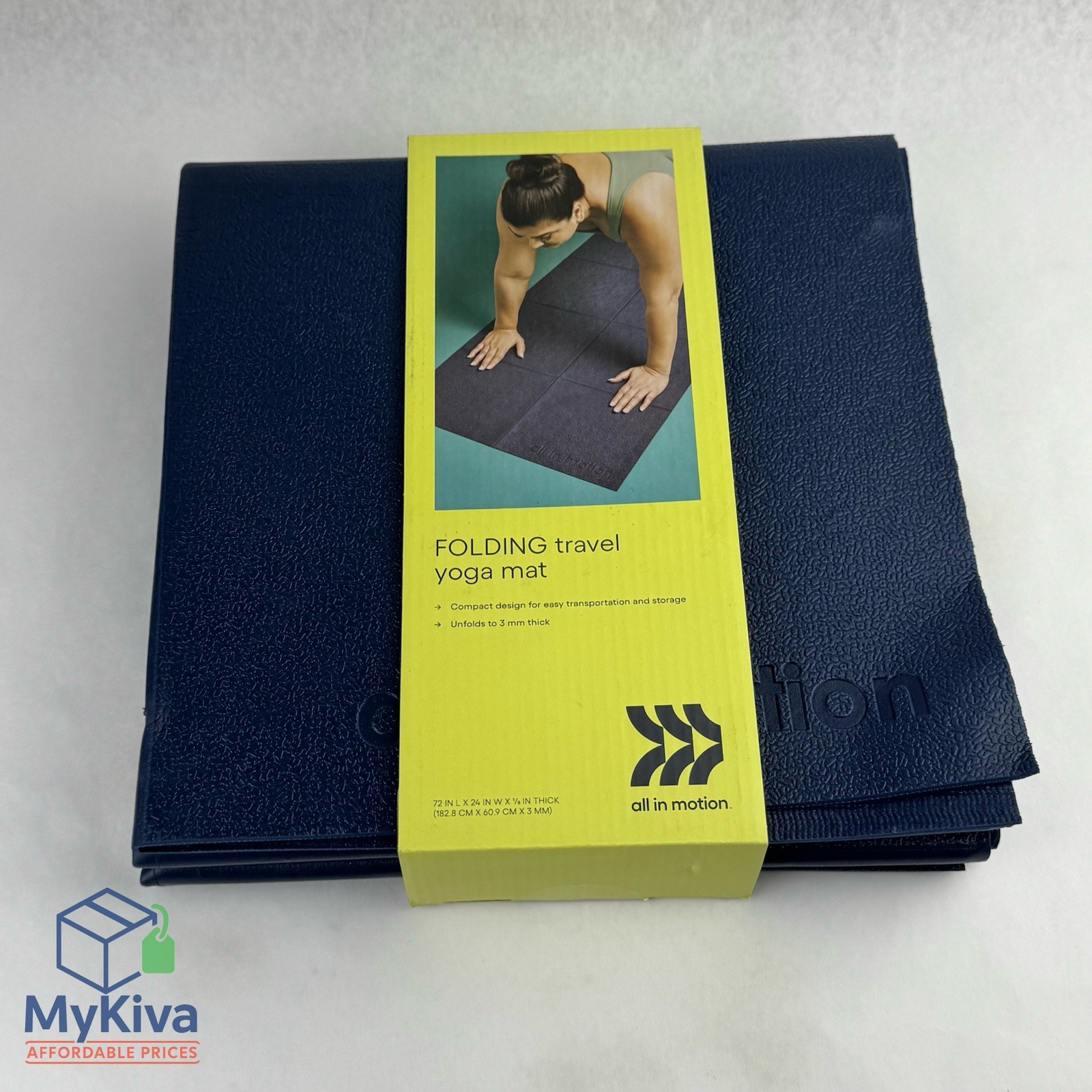 All In Motion Folding Travel Yoga Mat Navy Blue 3mm Rubber 72in x 24in New