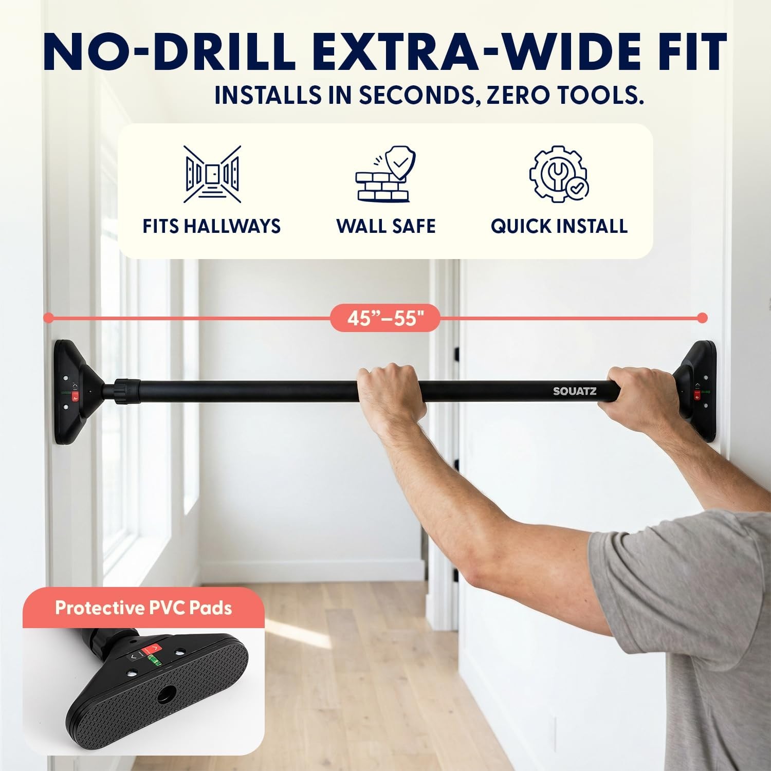 Squatz Doorway Pull Up Bar, Adjustable Door Frame Pull Up Bar with Level Mete…