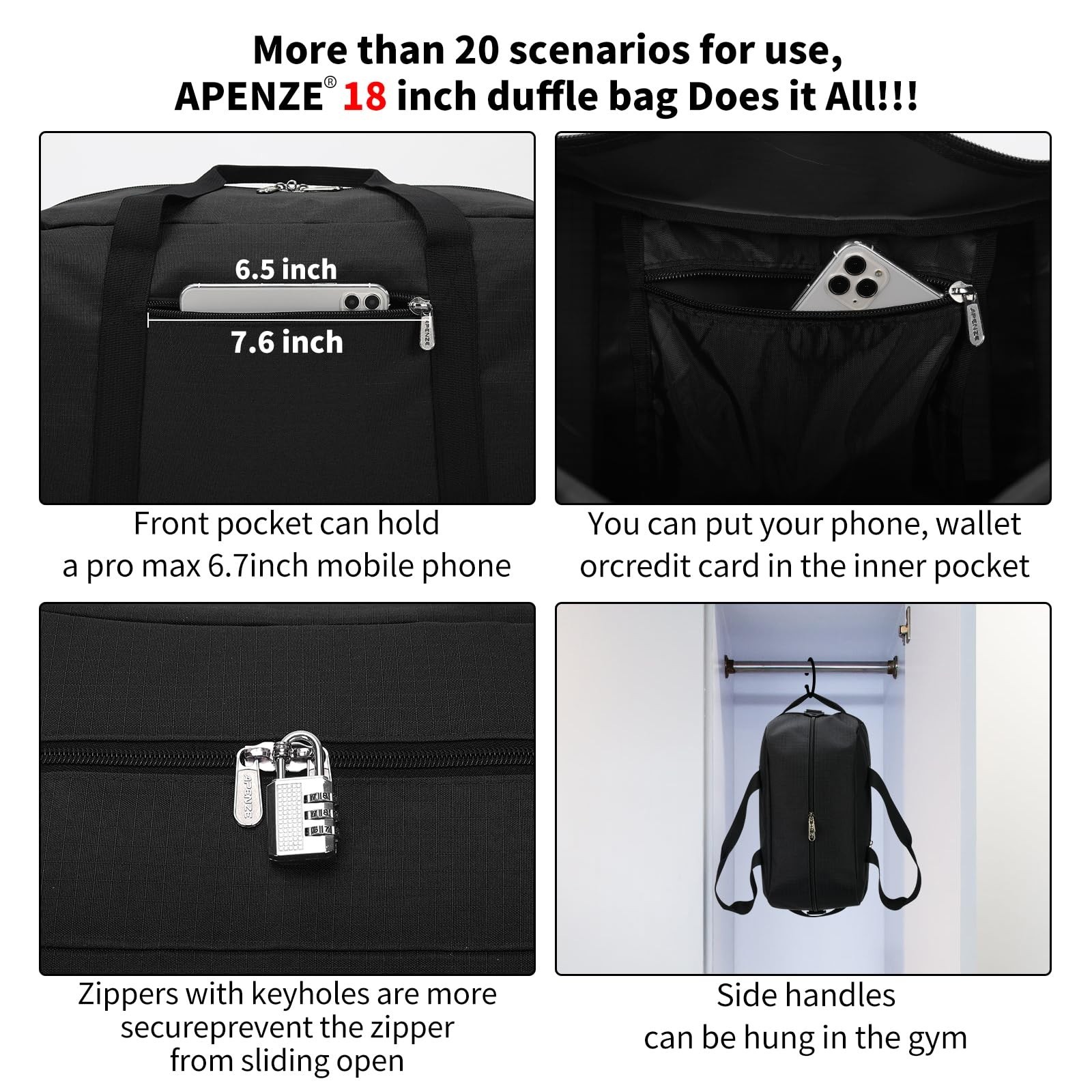 Apenze Small Gym Bag 18 inch Carry On Duffel Bag for Weekender Travel – Black