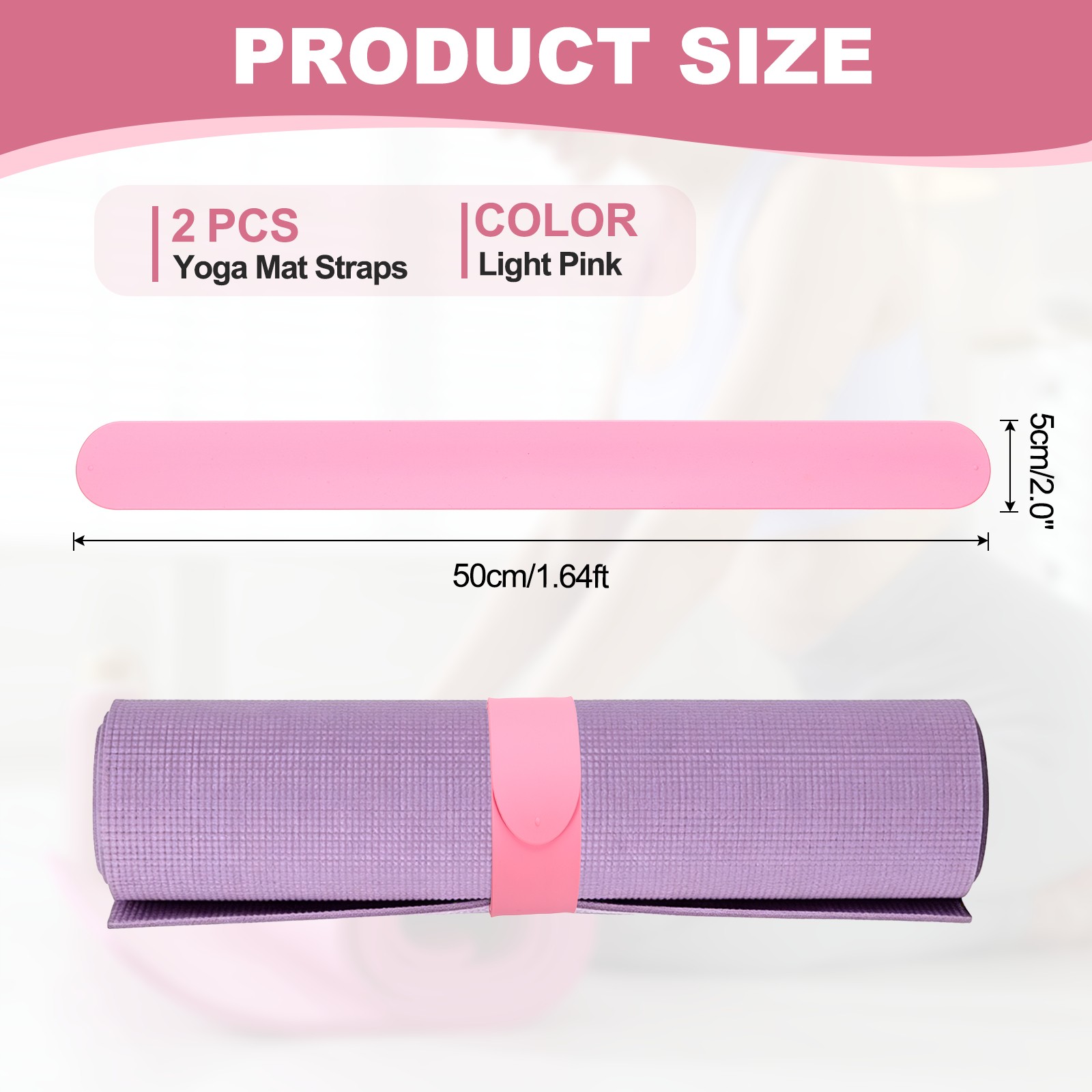 2Pcs Yoga Mat Strap Slap Band One Snap Yoga Mat Slap Band, Light Pink