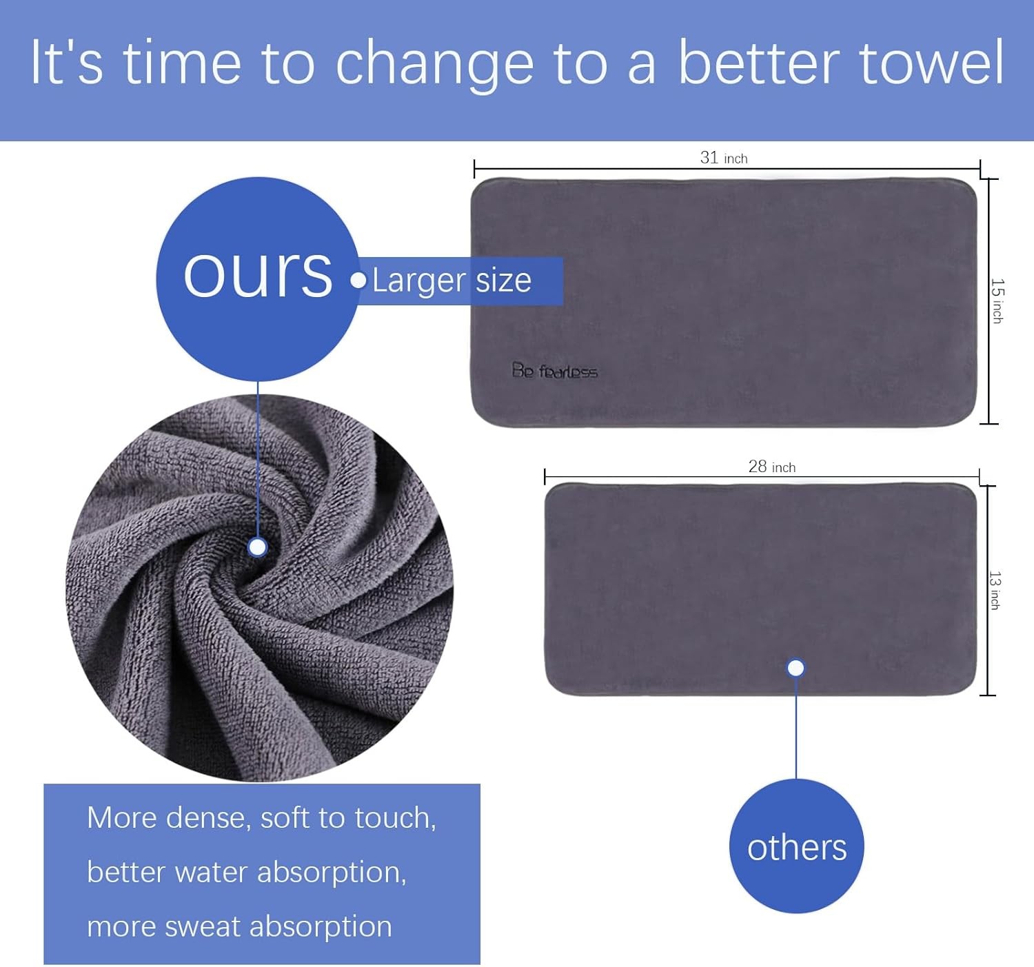 Microfiber Gym Towels Bigger Size Super 3P-15×31 inches, Grey+blue+purple