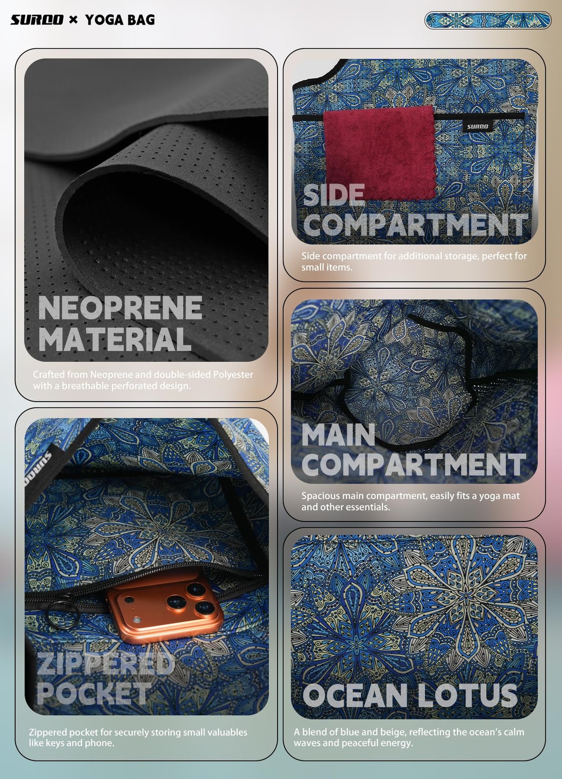Neoprene Yoga Mat Bag Lightweight Spacious Carrier Large Zipper Pocket Gym