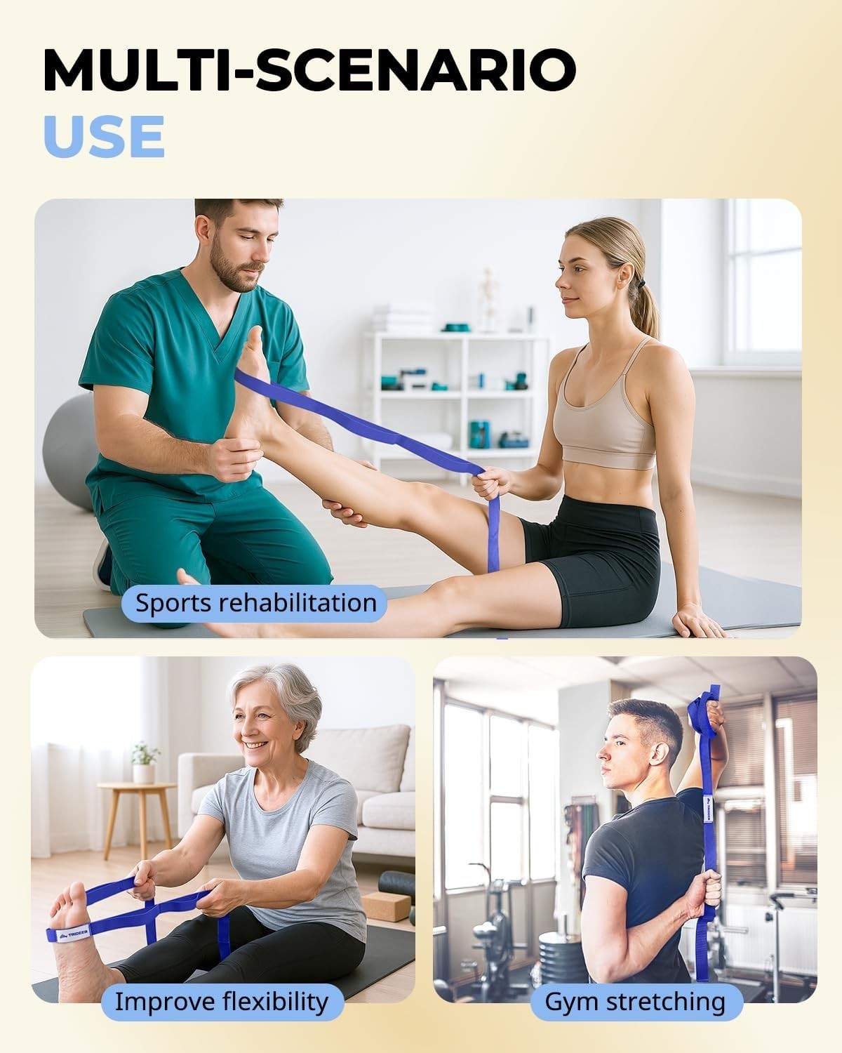 Durable Deep Blue 10-Loop Stretch Strap for Yoga, Pilates & Physical Therapy