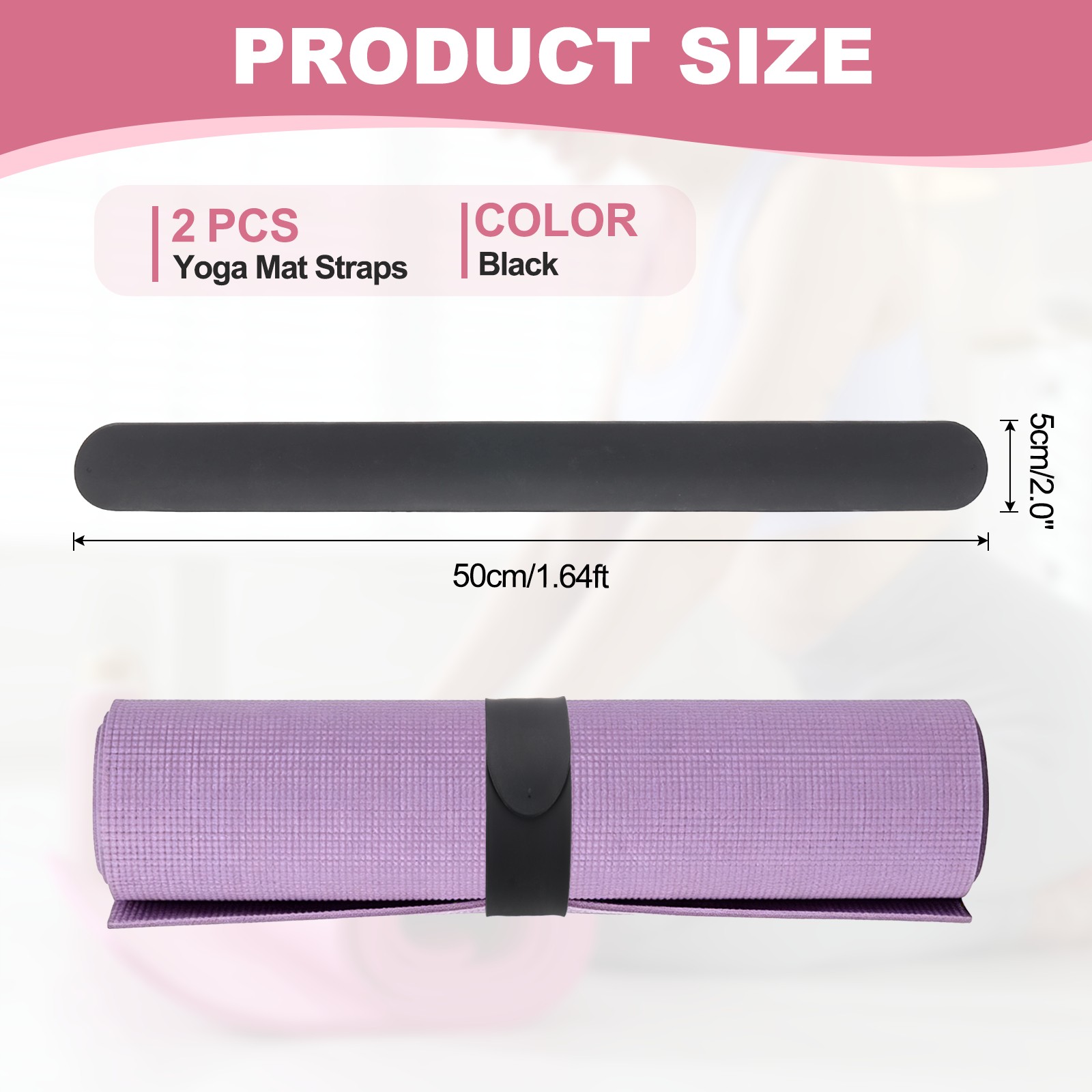 2Pcs Yoga Mat Strap Slap Band One Snap Yoga Mat Slap Band, Black