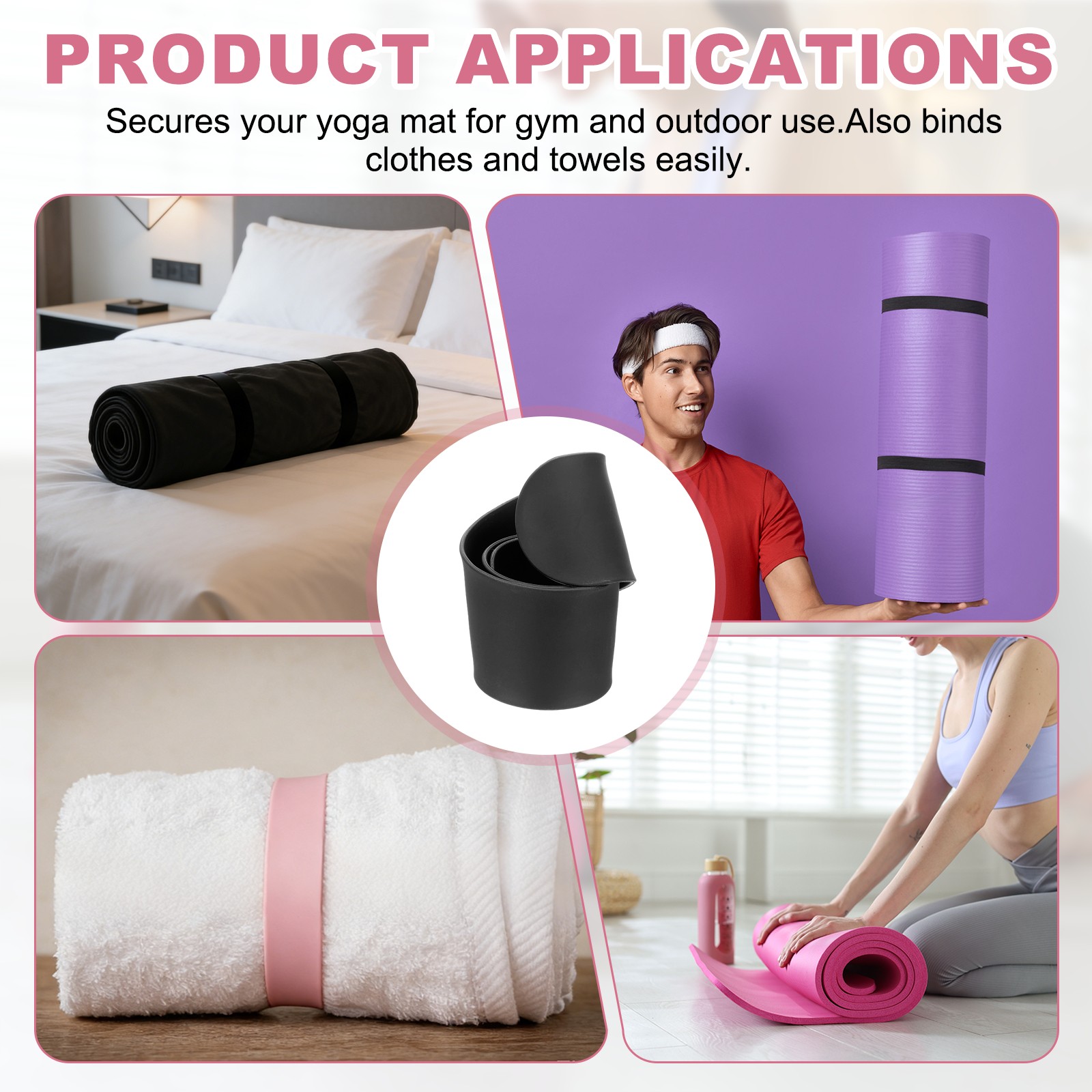 2Pcs Yoga Mat Strap Slap Band One Snap Yoga Mat Slap Band, Black