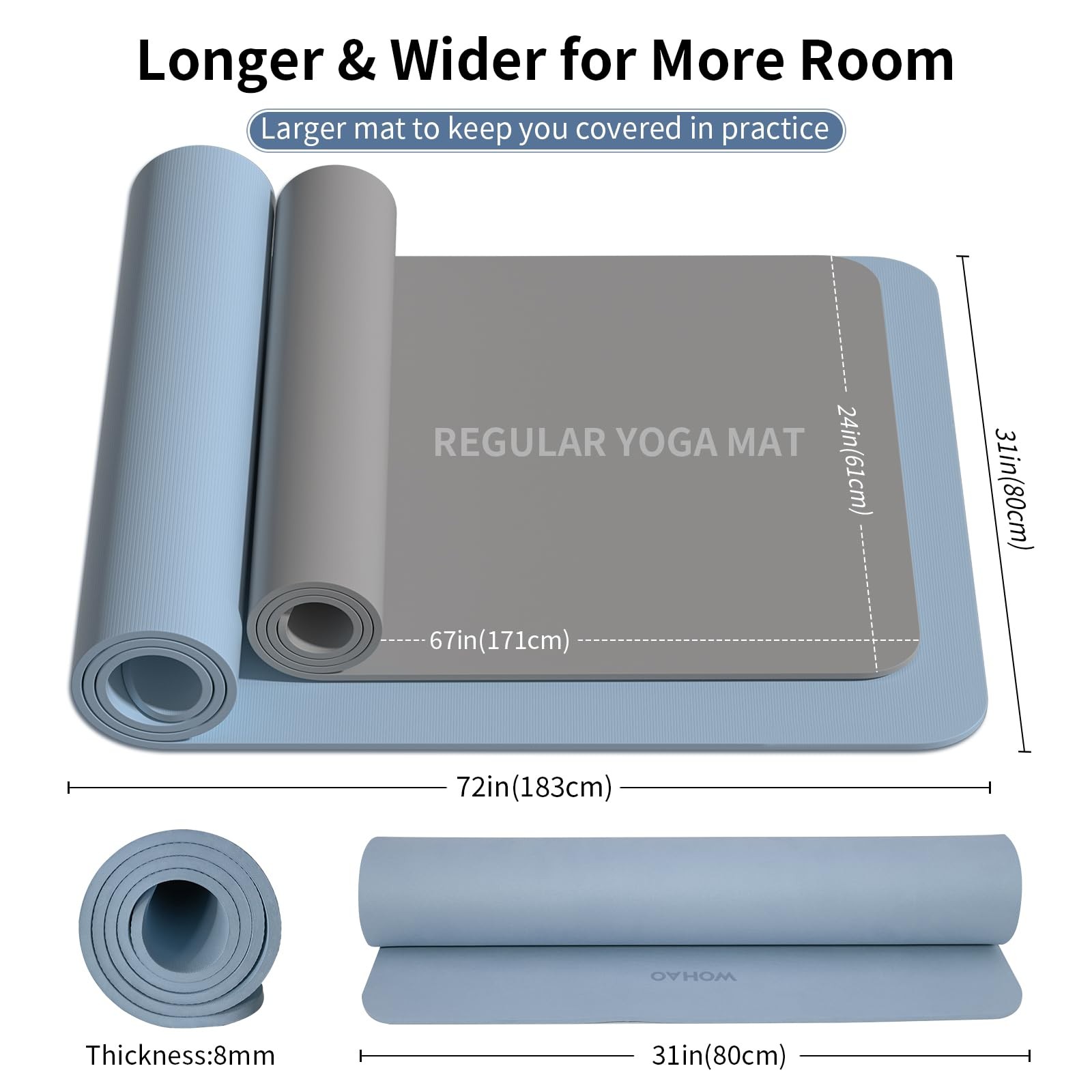 WOHAO 8mm Thick Non-Slip Yoga Mat – Large 72 inches x 32 inches, Haze Blue