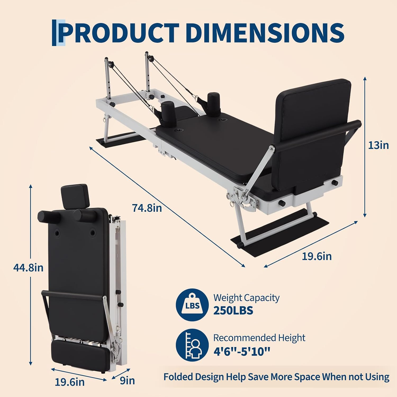 Foldable Pilates Reformer with Jump Board & Adjustable Resistance for Home Gym