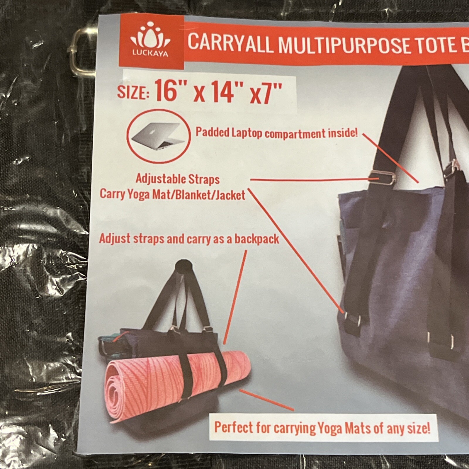 Luckaya Charcoal Grey Yoga Mat Tote Bag – New In Original Bag – Multipurpose