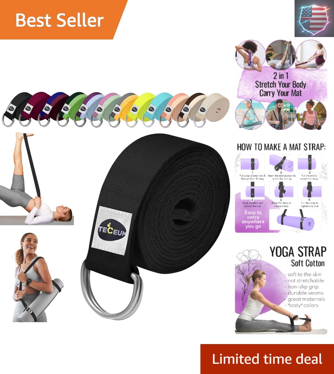 Yoga Strap & Mat Strap – 2 IN 1 – Cotton – 6 ft 8 ft 10 ft 30+ colors – Adjus…