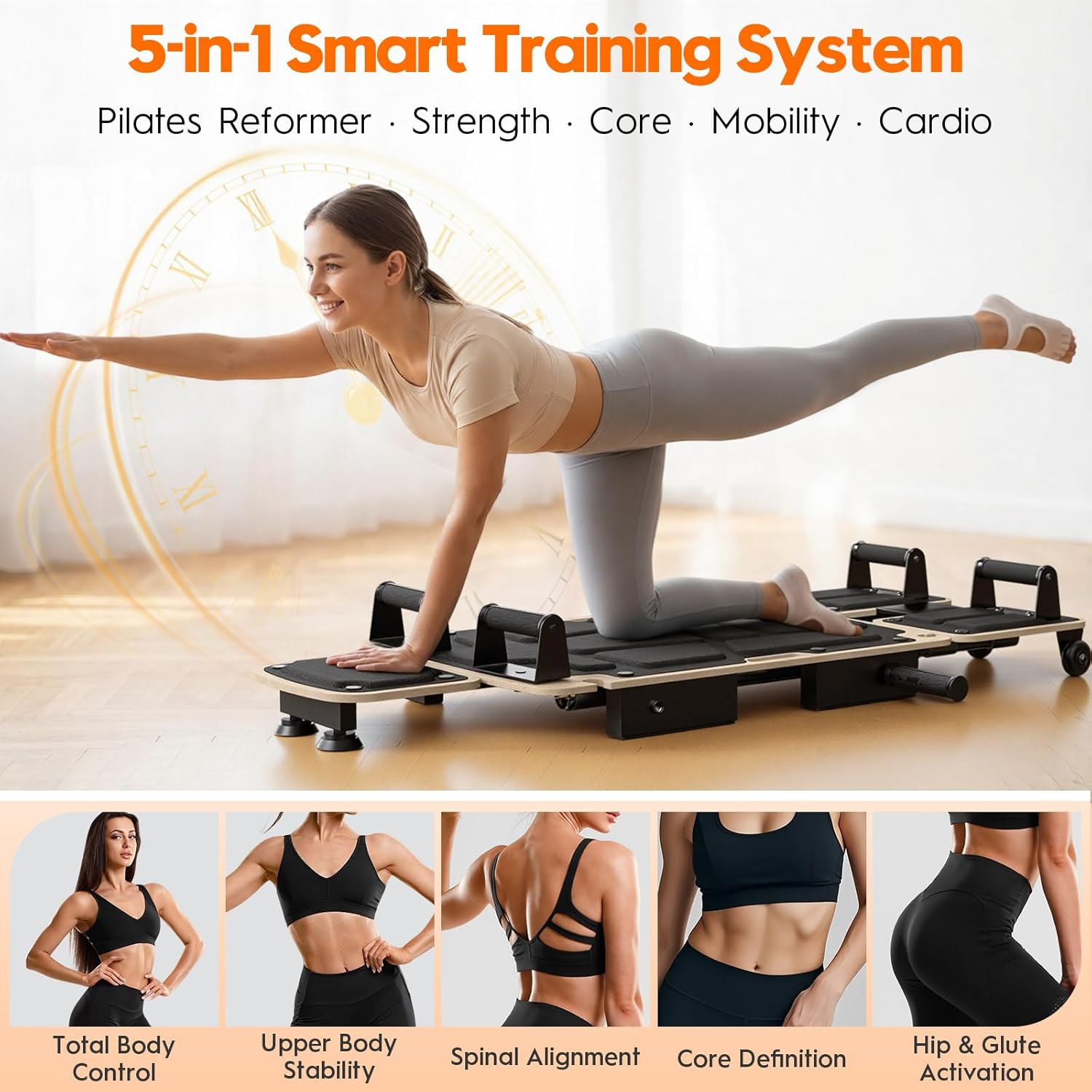Pilates Board Reformer for Home Workout, 5-In-1 Pilates Equipment with Dual & Sp