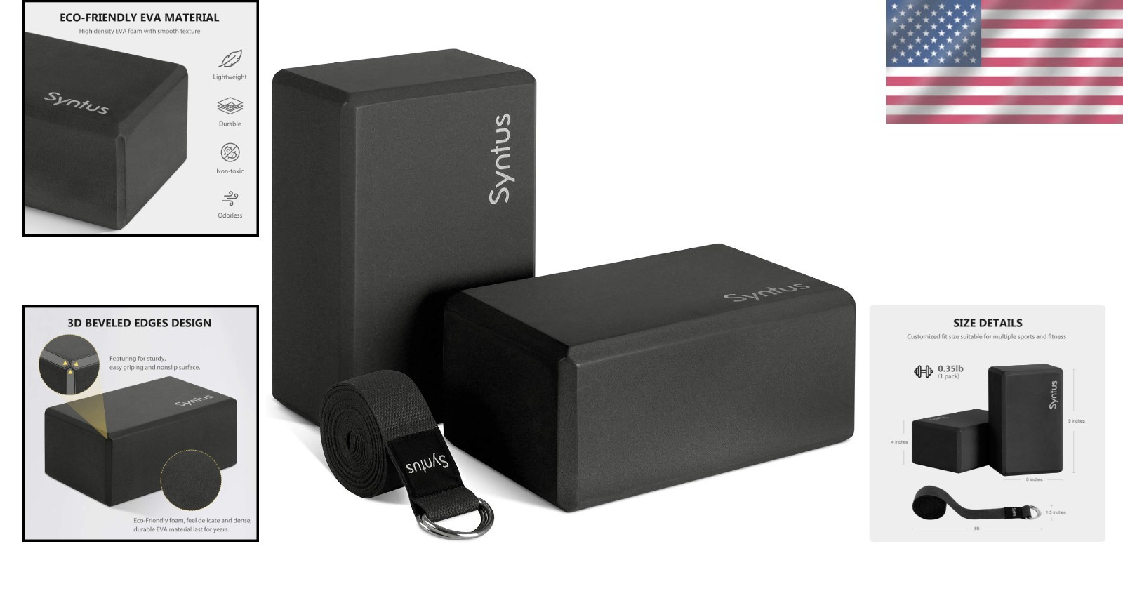 Ultimate Yoga Set: 2 Black Non-Slip Blocks & 8FT Strap for Enhanced Stretching