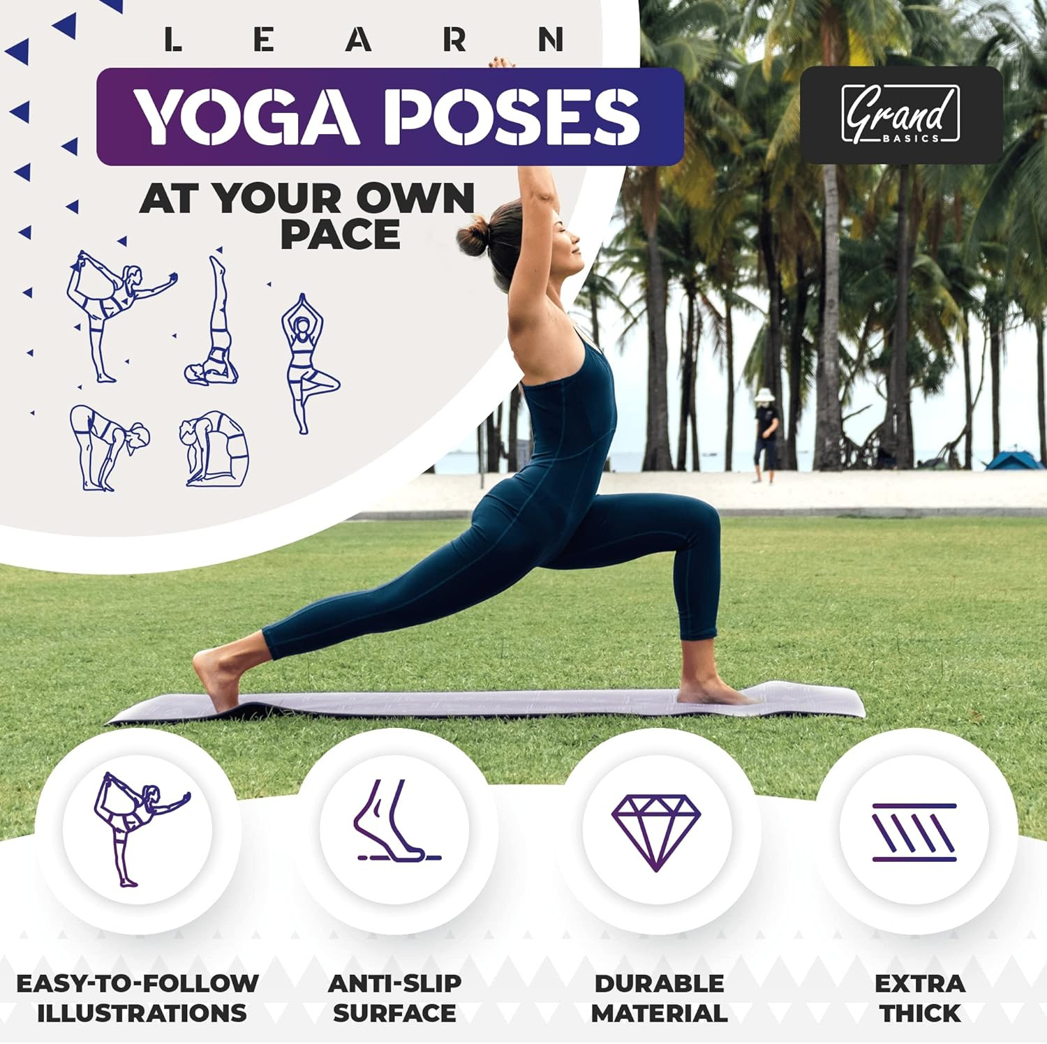 Instructional Yoga Mat with Poses Printed on It & Carrying Strap – 75 Illustrate