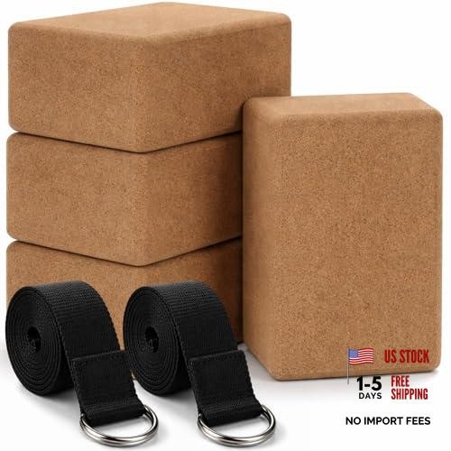 6 Pcs Cork Yoga Blocks with Straps – 9x6x4 Inch – 8.2 FT – Cork Brick