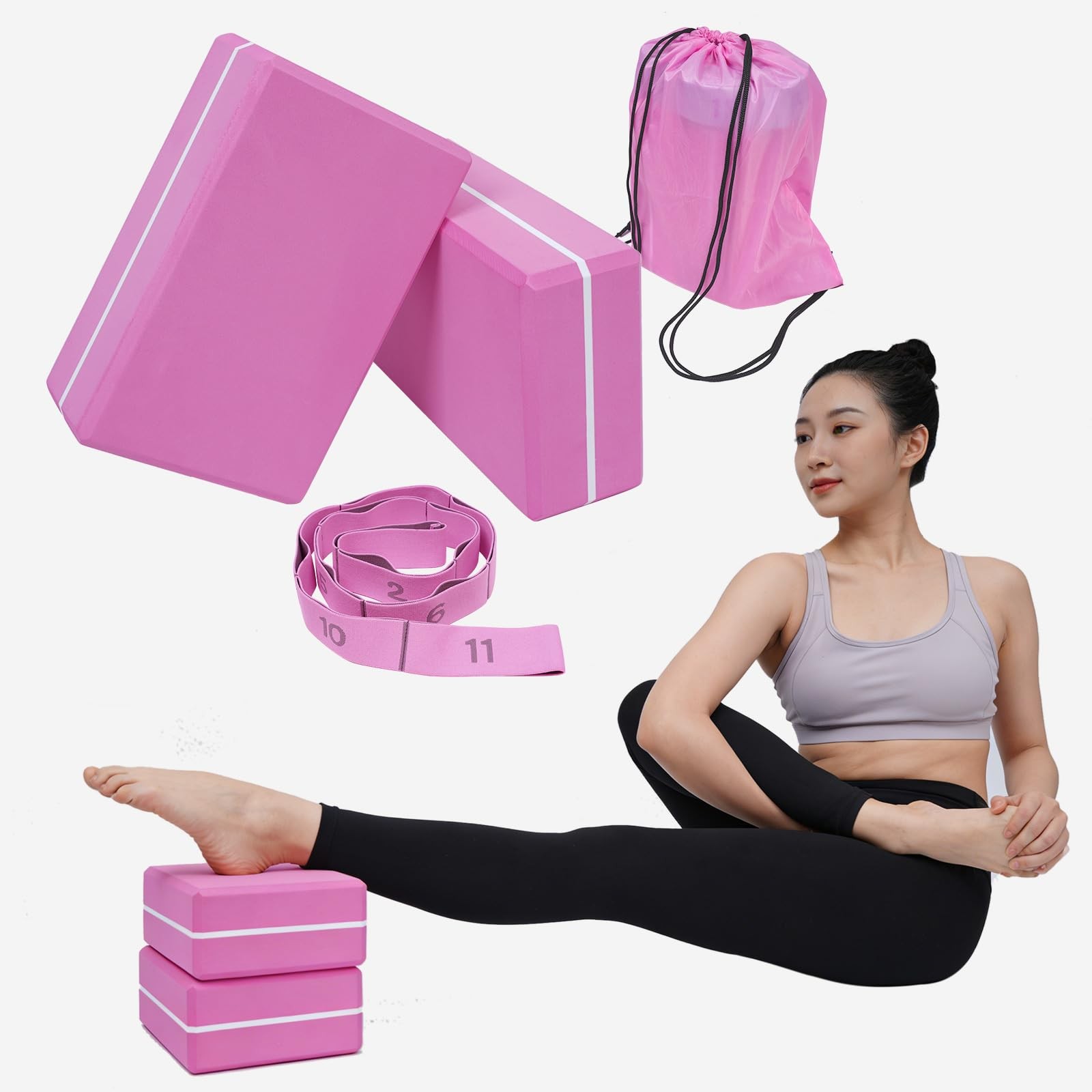 Yoga Blocks 2 Pack with Stretch Strap & Bag – High Density EVA Foam Yoga Bloc…