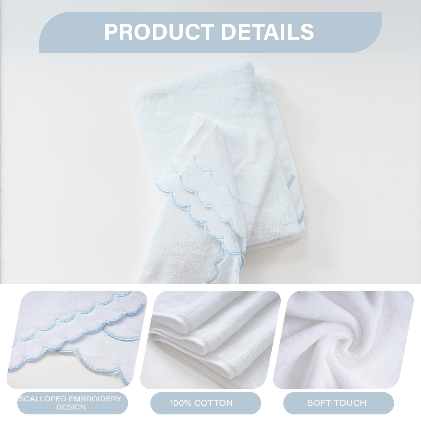 Casyune 100 Cotton Scalloped Hand Towels 600 Gsm Embroidered Soft Absorbent