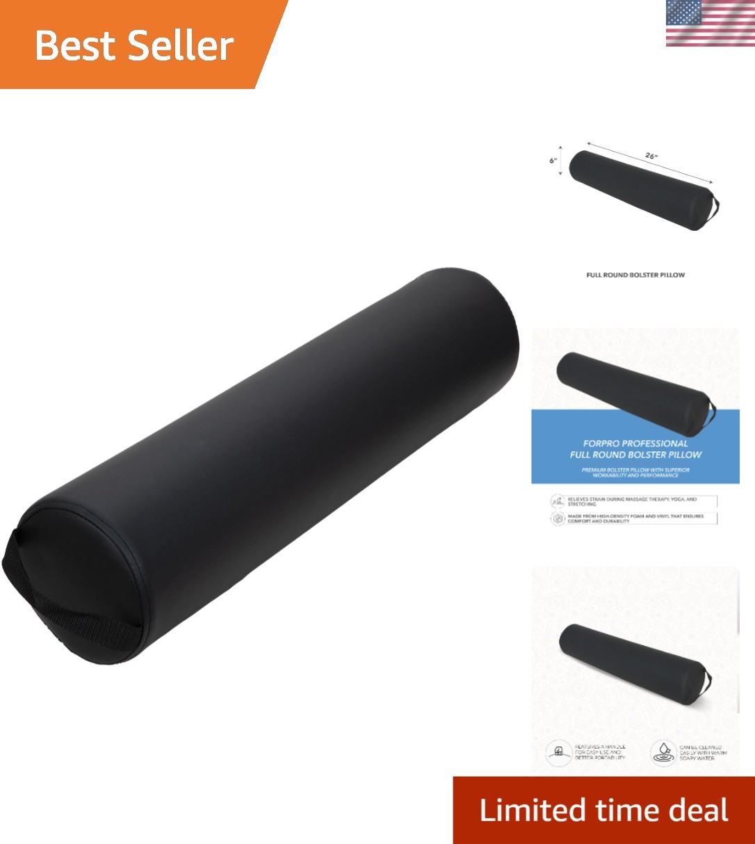 ForPro Black Full Round Bolster Pillow – Oil & Stain-Resistant Support for Yoga
