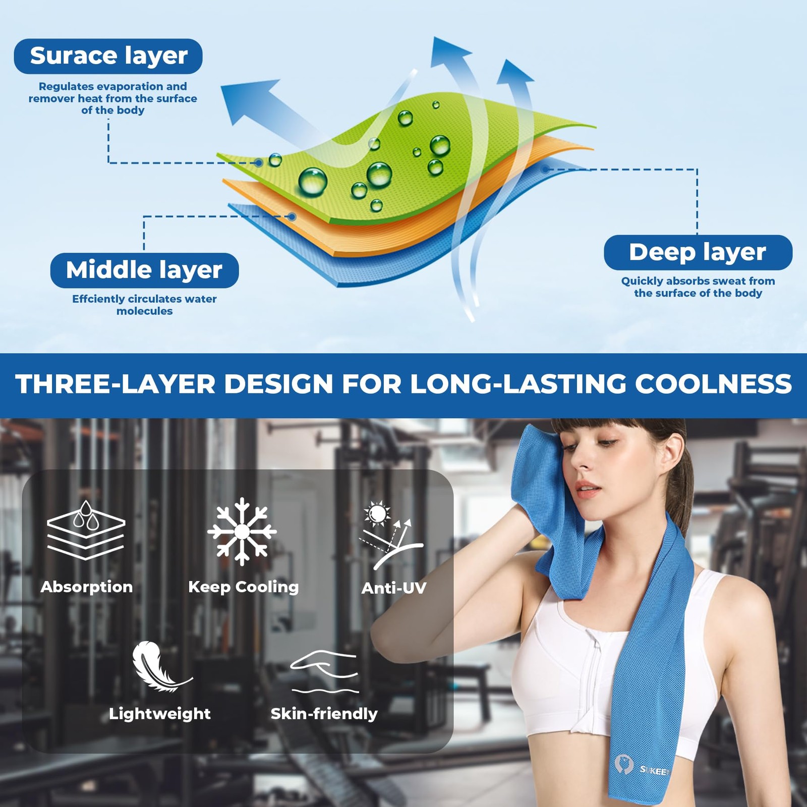 Sukeen Cooling Towels 6 40&Prime; x 12&Prime;, Orange+purple+green+pink+lake Blue+gray